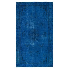 Vintage 5.2x8.8 Ft Modern Blue Area Rug with Art Deco Chinese Design, Handmade in Turkey