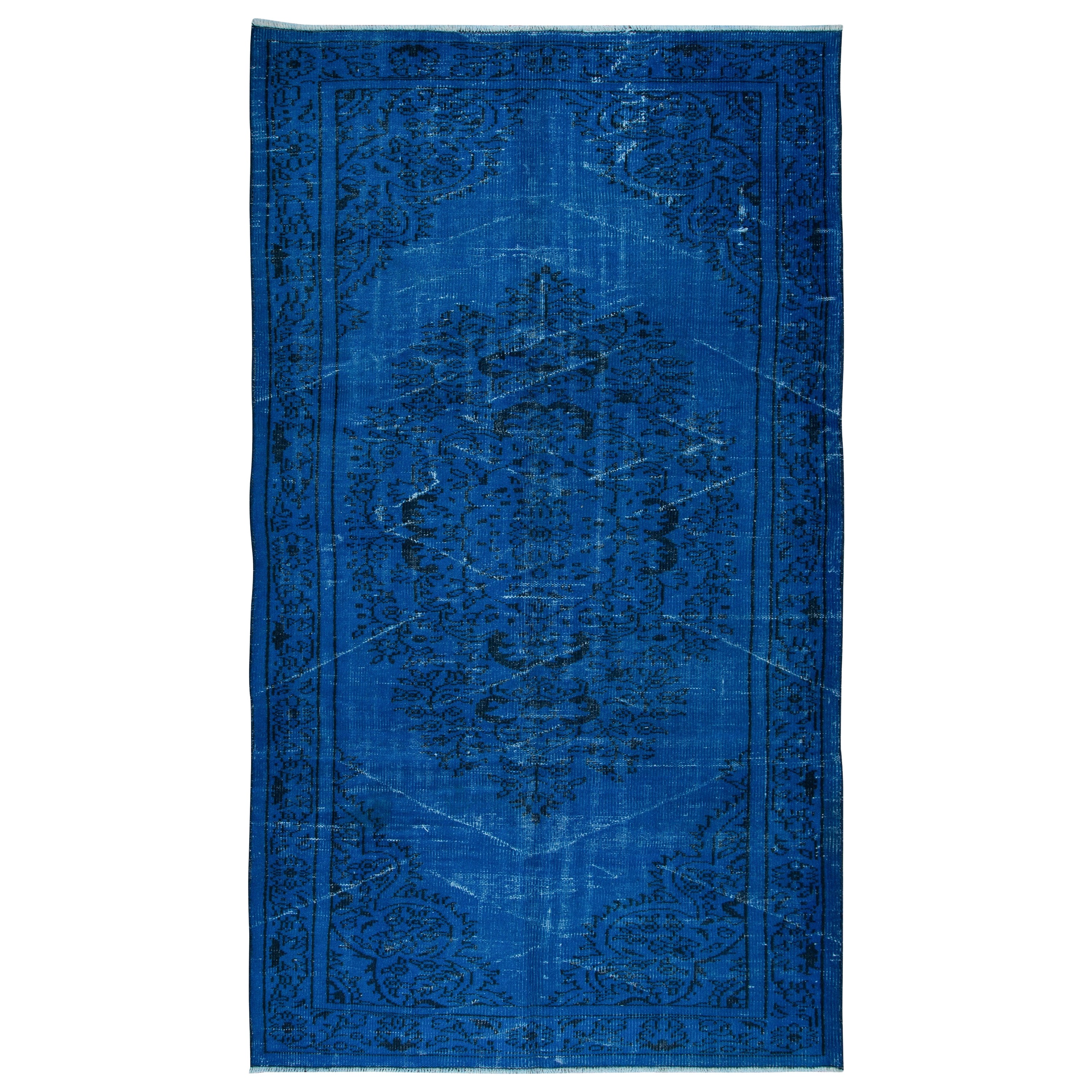 5x8.7 Ft Overdyed Wool Blue Area Rug, Handmade in Turkey, Modern Upcycled Carpet