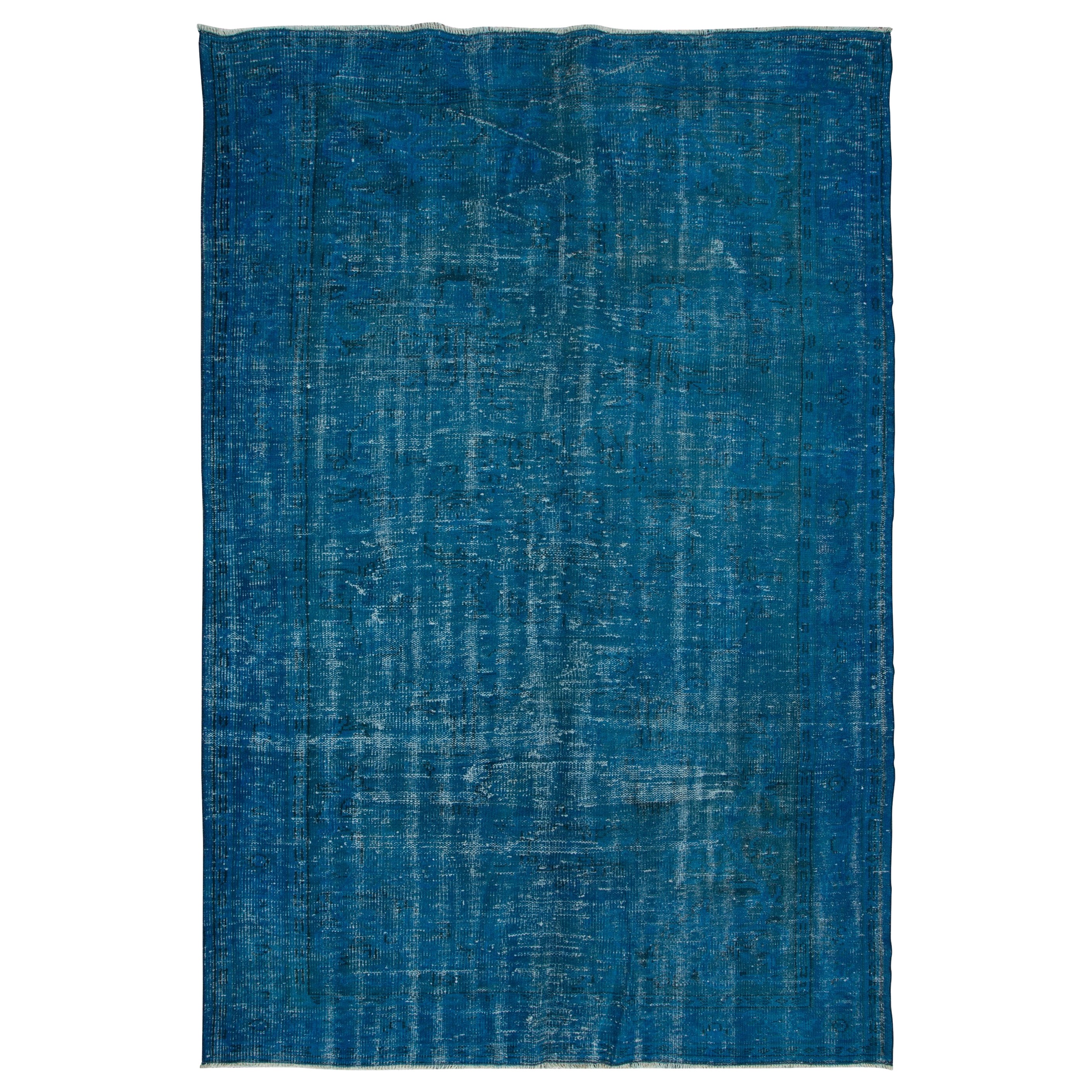 5.8x8.6 Ft Overdyed Blue Area Rug, Handmade in Turkey, Modern Upcycled Carpet (tapis moderne recyclé)