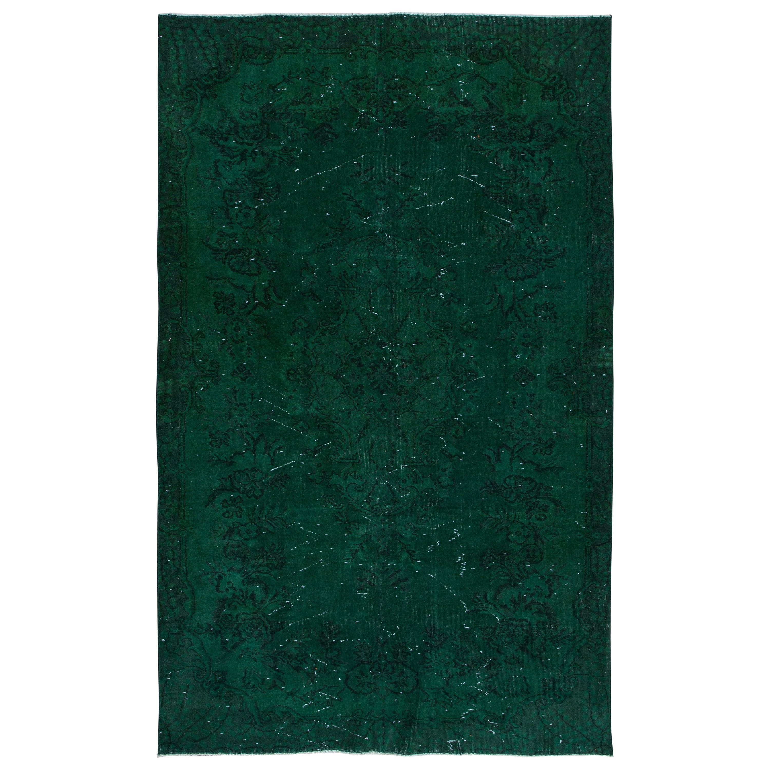 5.3x8.3 Ft Hand-Made Central Anatolian Area Rug in Forest Green, Modern Carpet For Sale