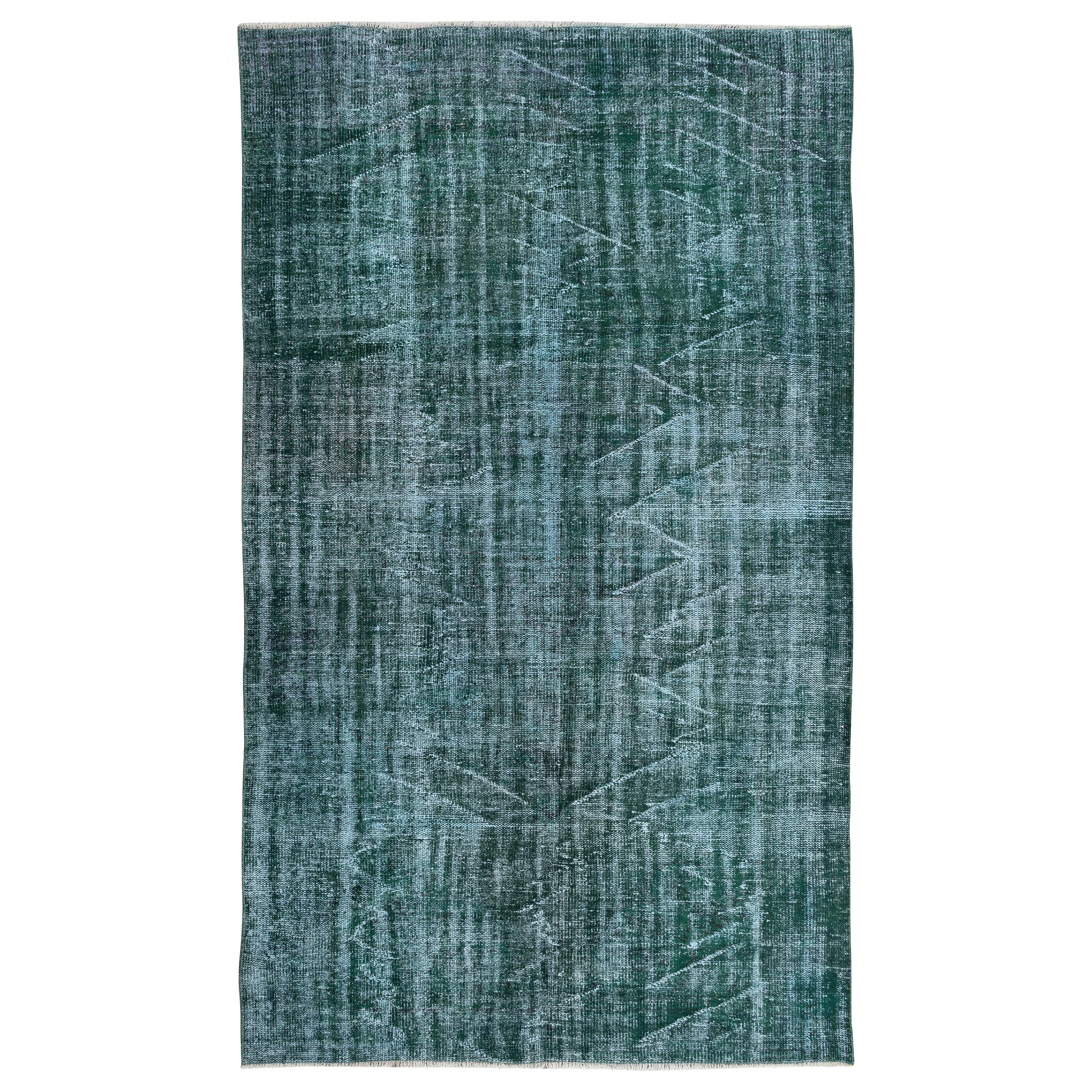 5.2x8.6 Ft Modern Handmade Turkish Green Area Rug with Shabby Chic Style For Sale