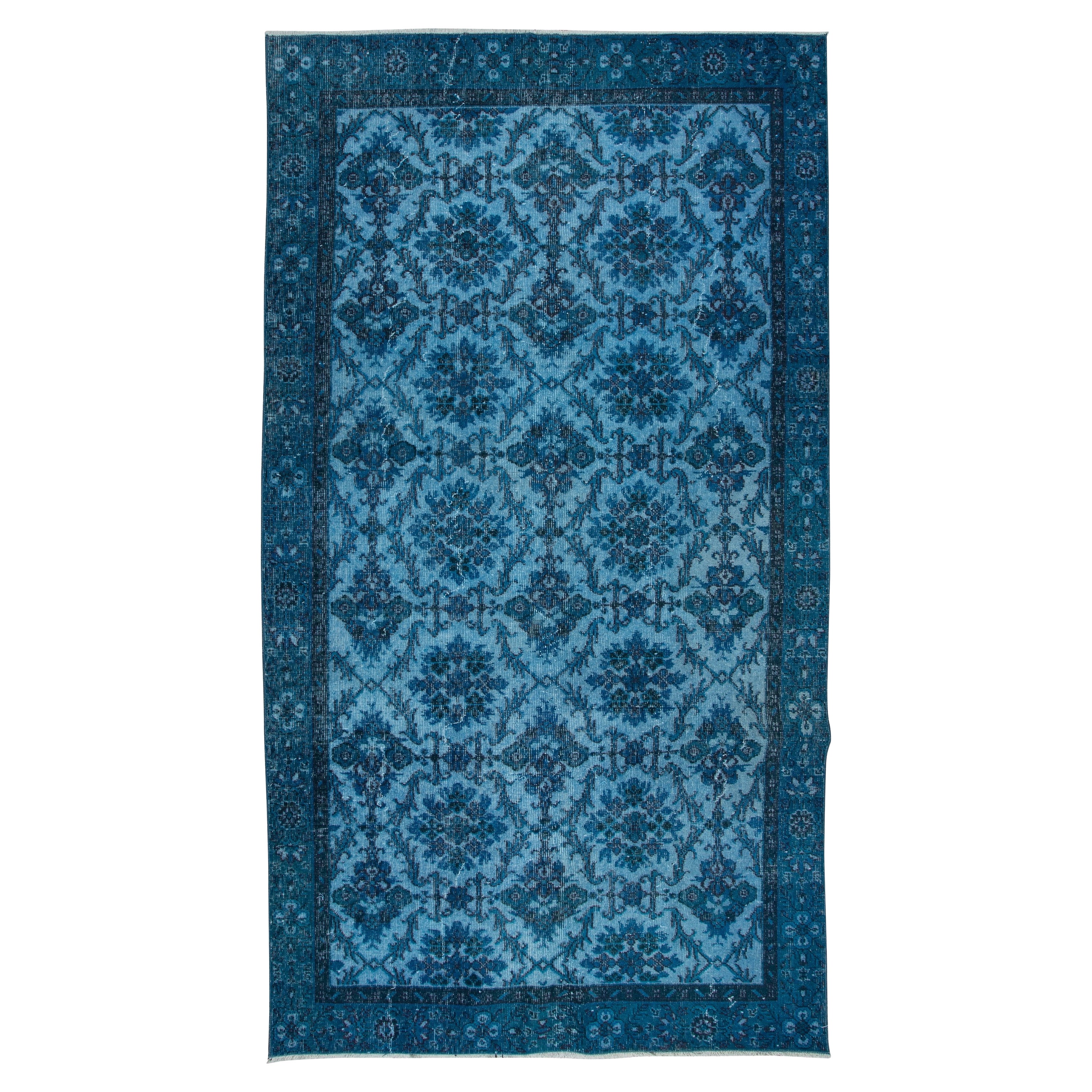 5x9.2 Ft Blue Handmade Turkish Area Rug with All-Over Botanical Design For Sale