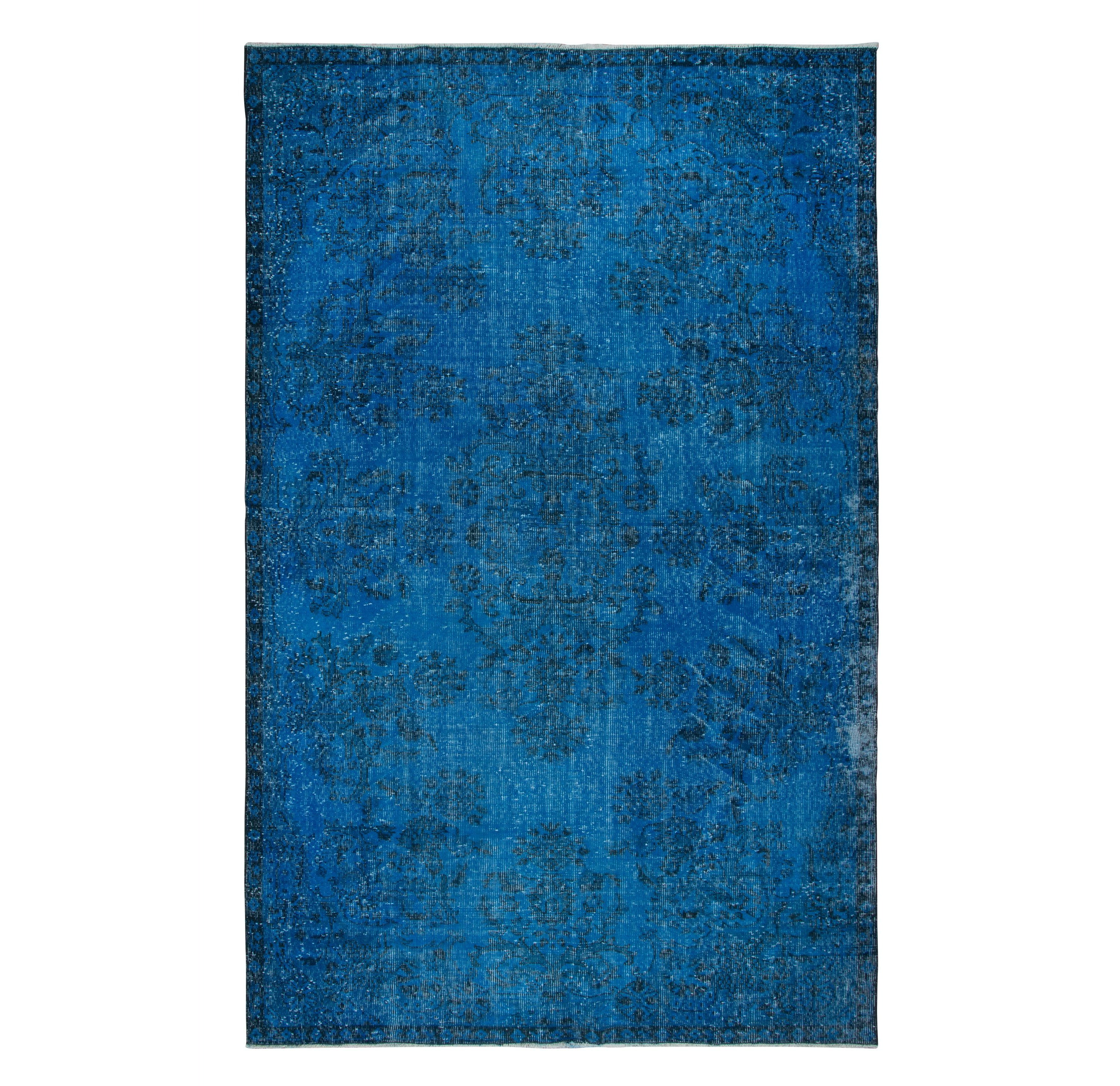 6x9.8 Ft Turkish Area Rug in Blue for Dining Room, Handmade Garden Design Carpet For Sale