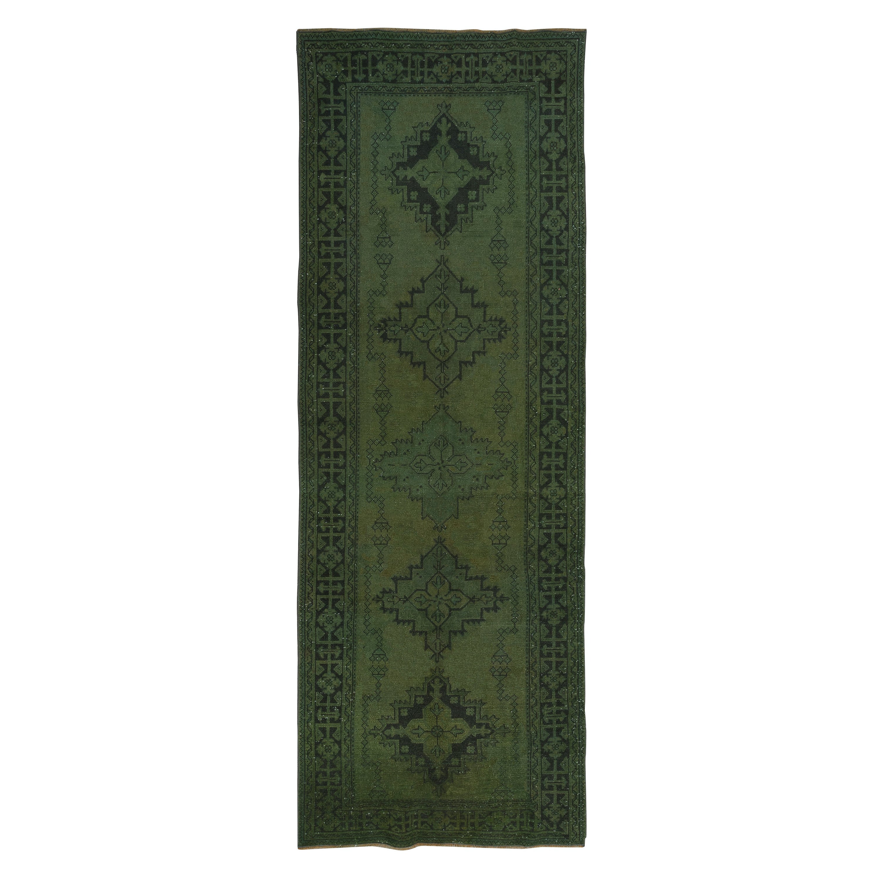 4.6x12.3 Ft Contemporary Handmade Turkish Dark Green Runner Rug for Hallway For Sale