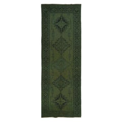 Vintage 4.6x12.3 Ft Contemporary Handmade Turkish Dark Green Runner Rug for Hallway