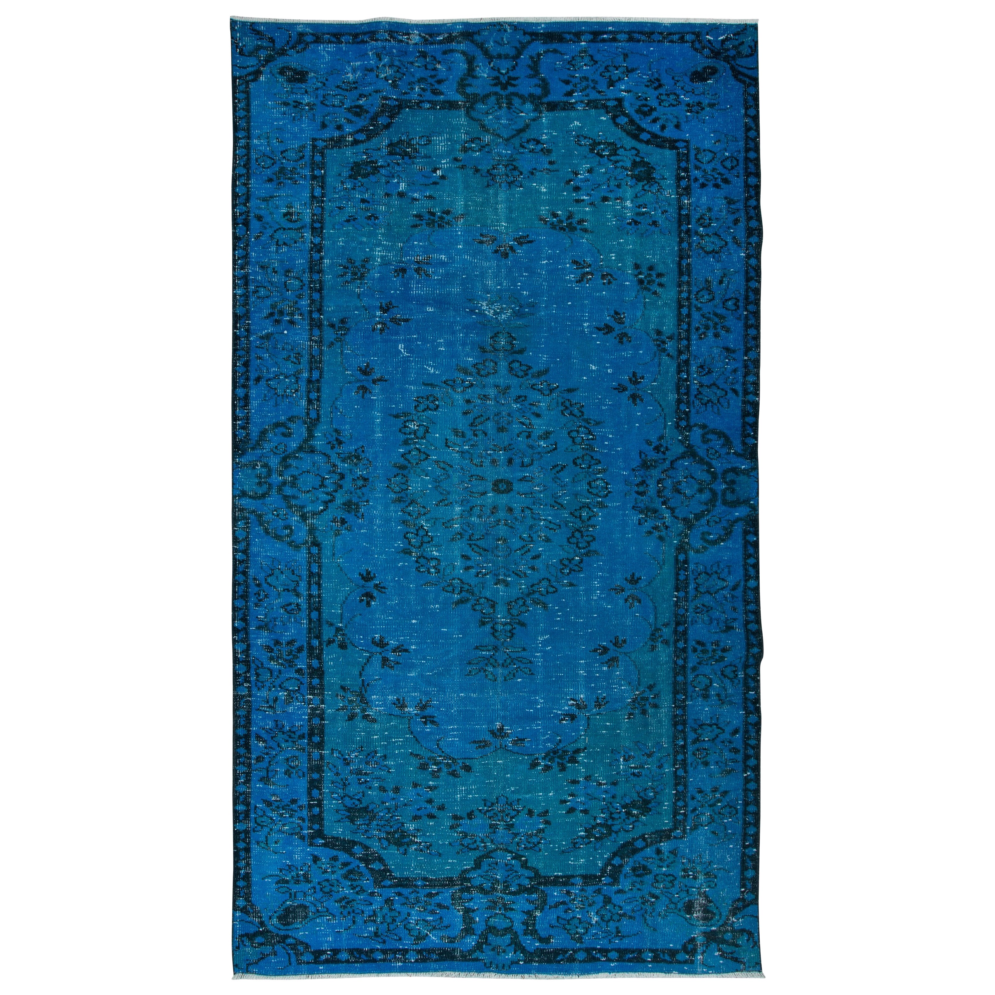 5.3x9.2 Ft Blue Handmade Turkish Rug for Living Room, Bedroom, Dining Room For Sale