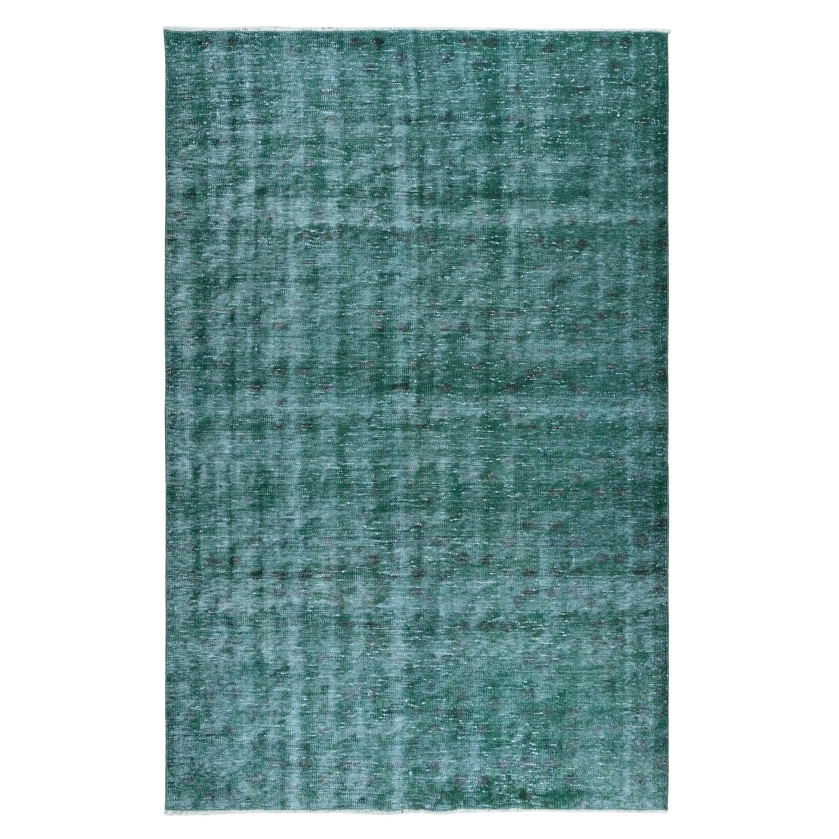 6x9.2 Ft Hand-Made Turkish Area Rug in Green, Contemporary Wool Upcycled Carpet For Sale