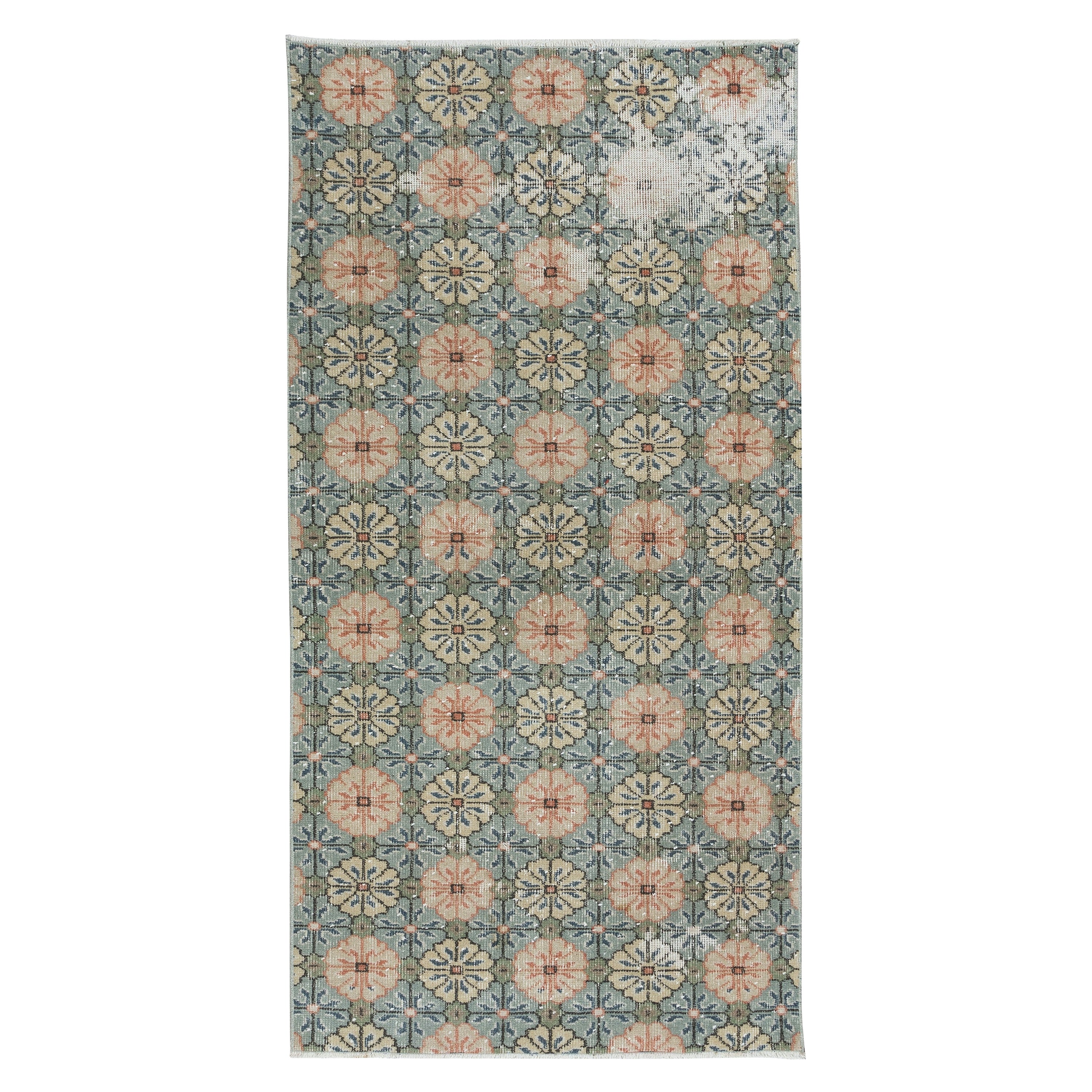 3x5.8 Ft Handmade Turkish Rug with All-Over Flower Design and Green Background For Sale