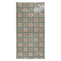 Vintage 3x5.8 Ft Handmade Turkish Rug with All-Over Flower Design and Green Background