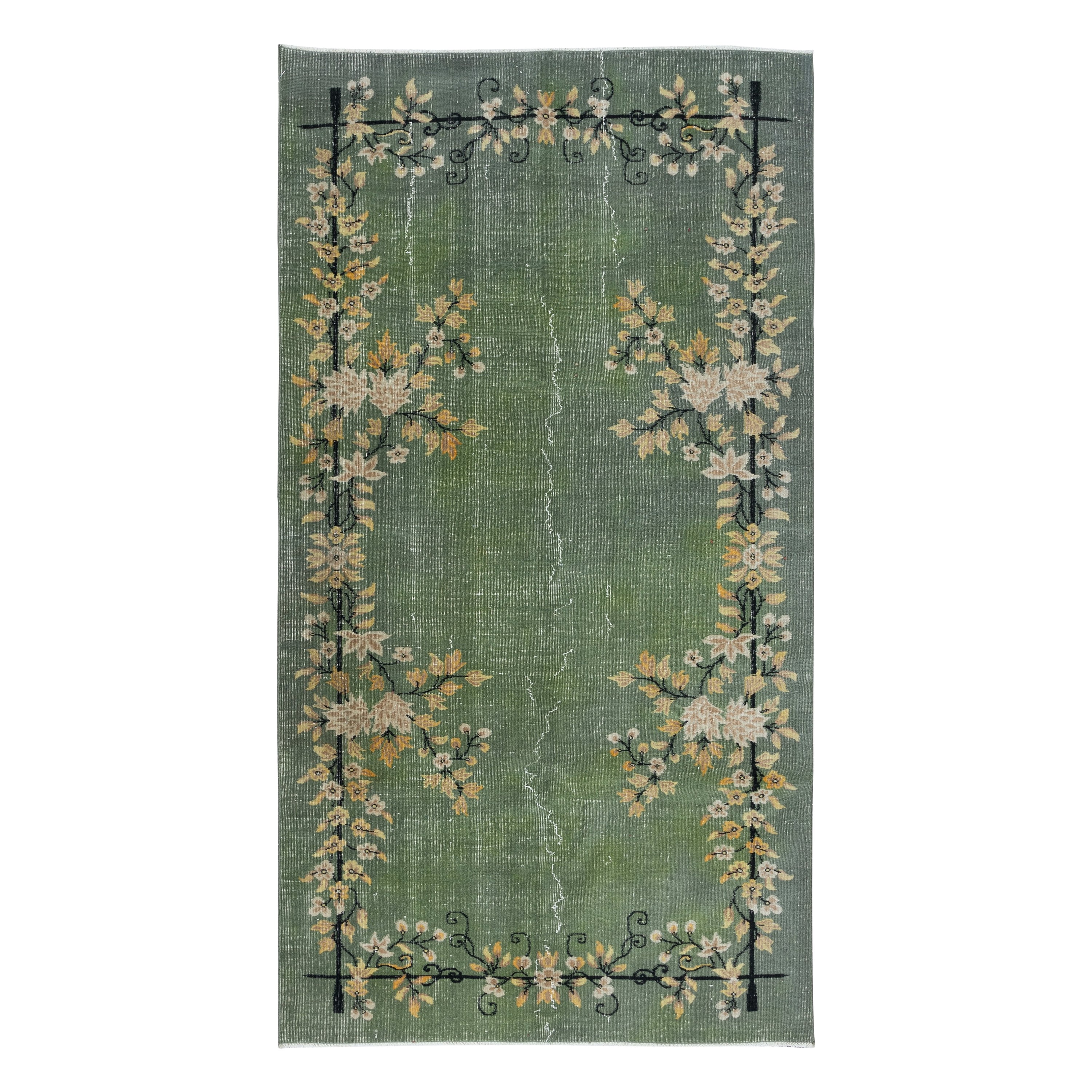 4.8x8.6 Ft Floral Art Deco Rug, Green Handmade Modern Wool and Cotton Carpet For Sale
