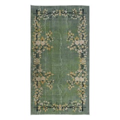 Vintage 4.8x8.6 Ft Floral Art Deco Rug, Green Handmade Modern Wool and Cotton Carpet