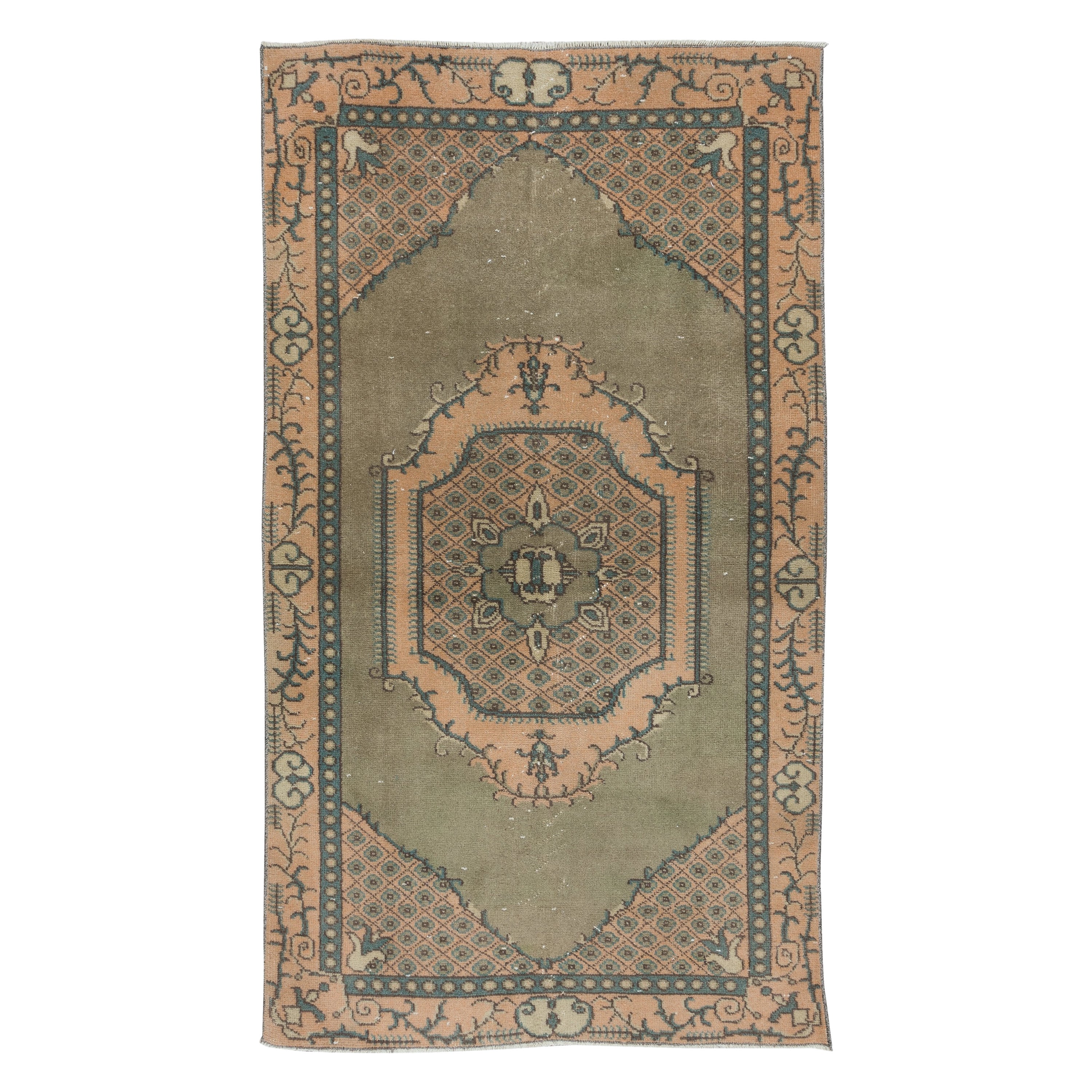 3.7x6.3 Ft Green Accent Rug, Handmade Turkish Geometric Medallion Design Carpet (Tapis turc à motifs géométriques)