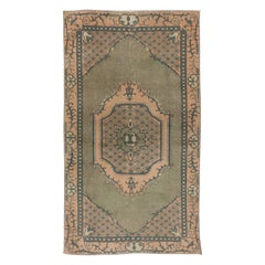 3.7x6.3 Ft Green Accent Rug, Handmade Turkish Geometric Medallion Design Carpet