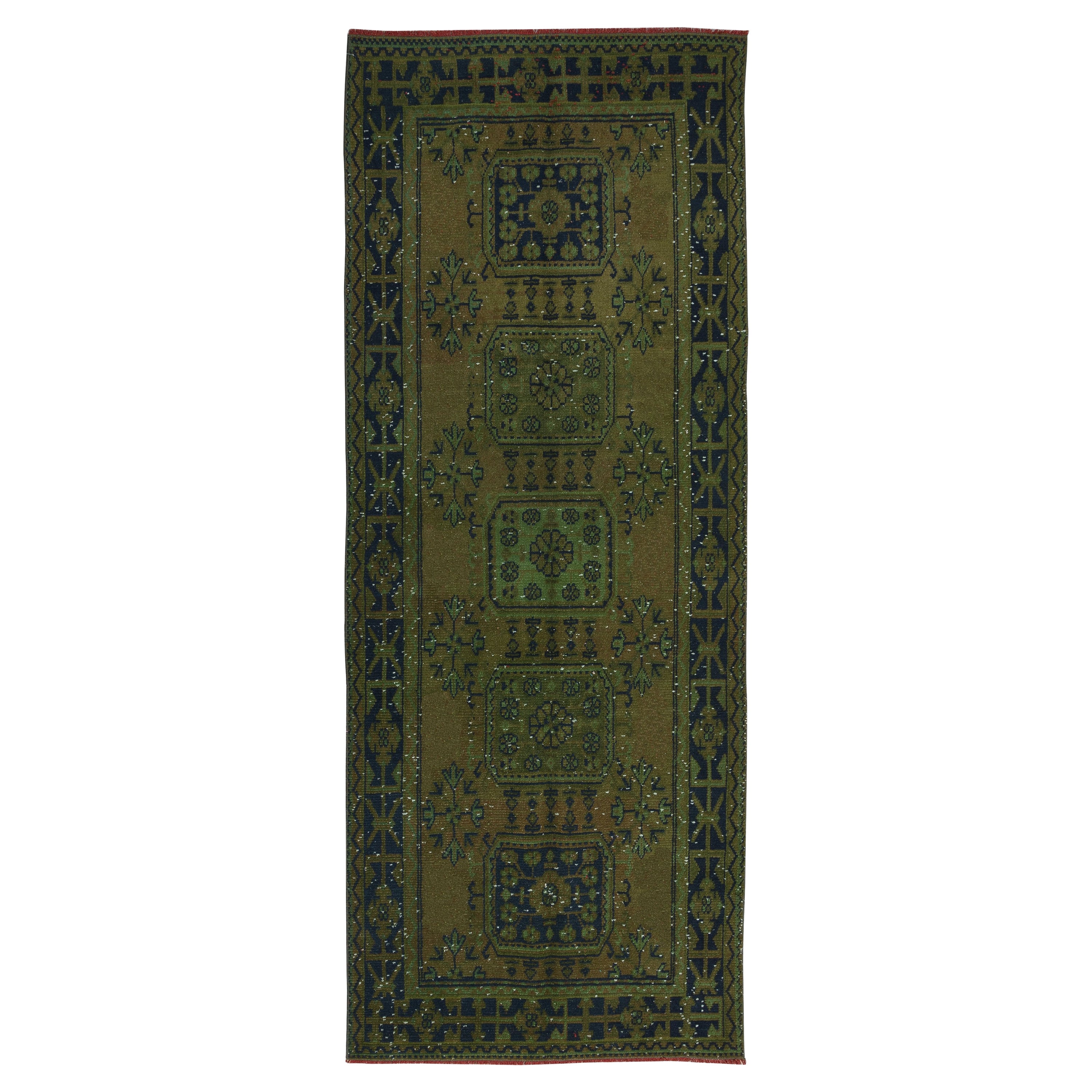 4.4x11 Ft Handmade Turkish Runner Rug for Hallway, Green Corridor Carpet