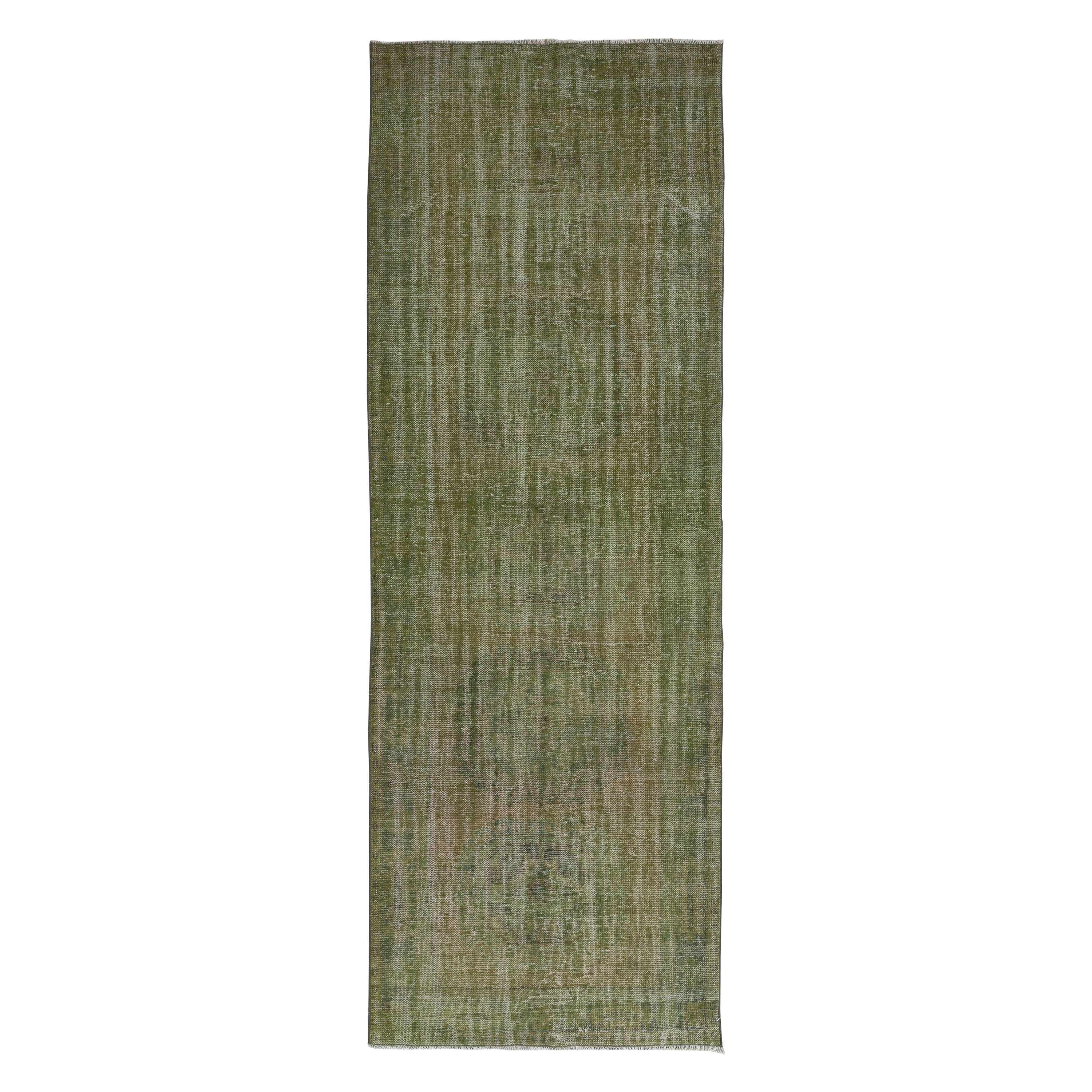 4.2x11.5 Ft Handmade Anatolian Runner Rug in Moss Green, Modern Corridor Carpet For Sale