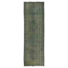 4x11.7 Ft Türkischer Vintage-Läufer für Flur. Grüner handgefertigter Korridor-Teppich