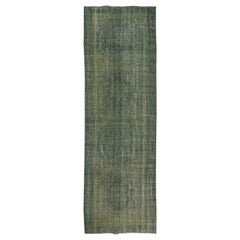 4x11.7 Ft Vintage Turkish Runner Rug for Hallway. Green Handmade Corridor Carpet