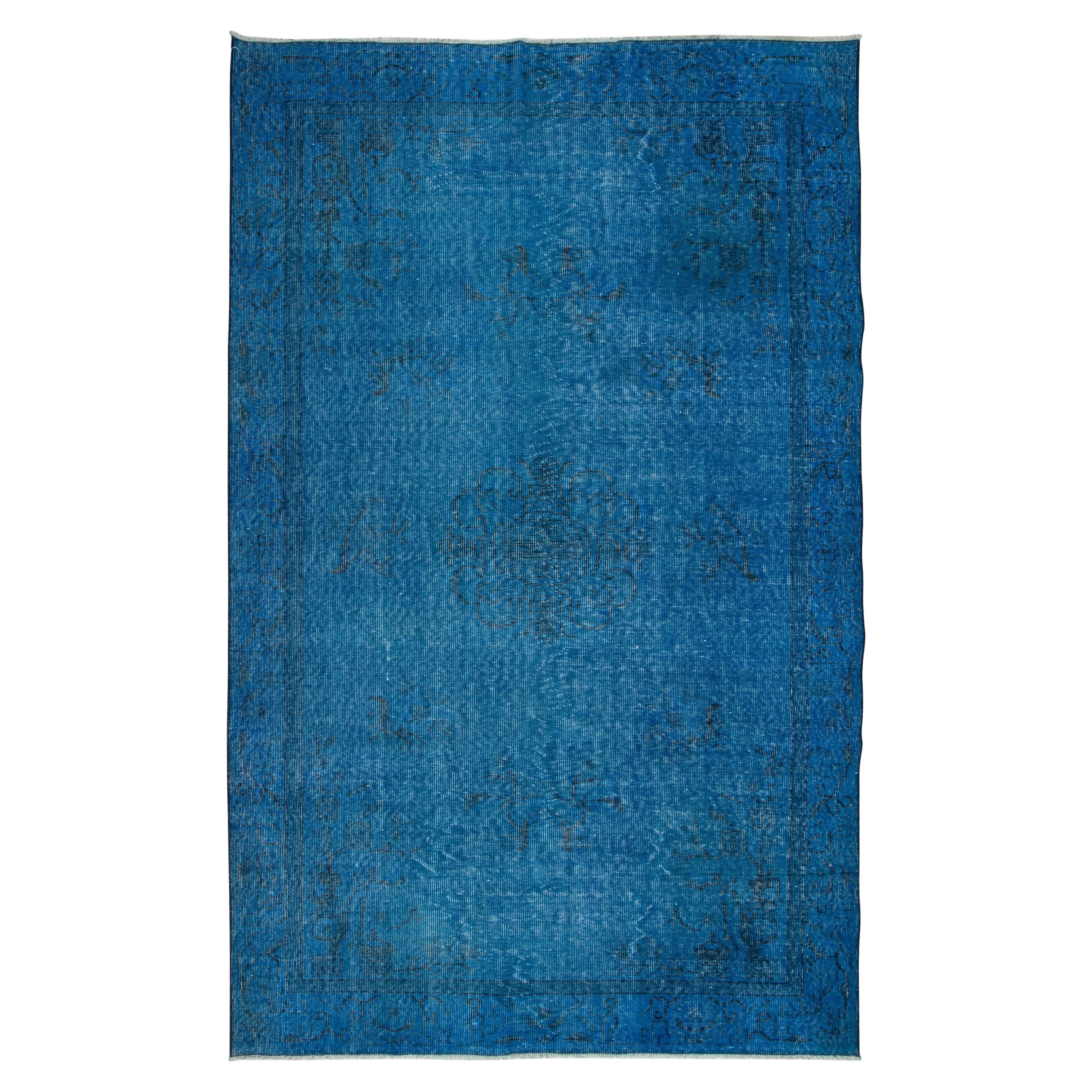 5.5x8.8 Ft Chinese Art Deco Inspired Handmade Blue Rug for Modern Interiors For Sale