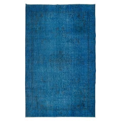 Vintage 5.5x8.8 Ft Chinese Art Deco Inspired Handmade Blue Rug for Modern Interiors