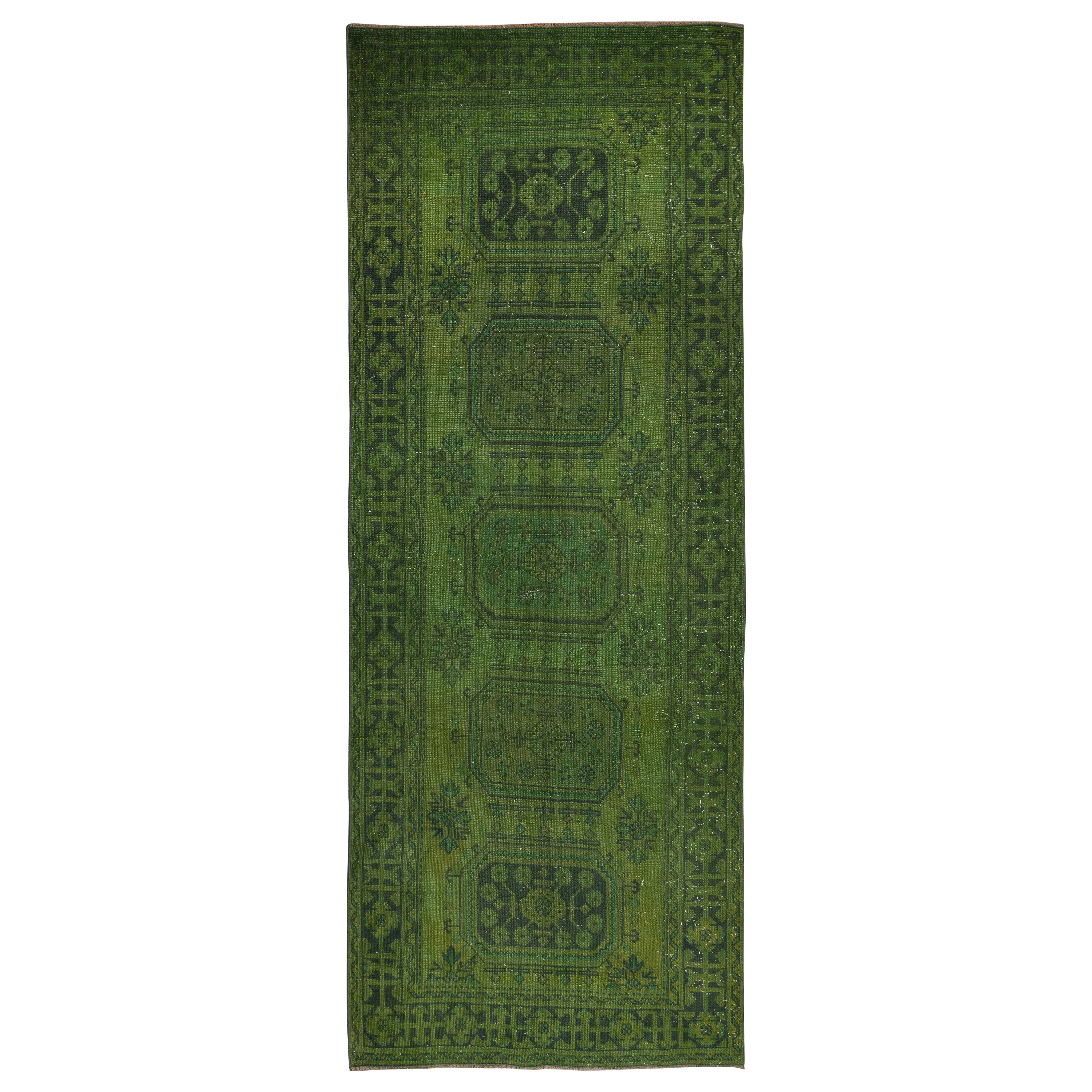 4.6x11.6 Ft Modern Green Corridor Carpet, Handmade Runner, Turkish Hallway Rug For Sale