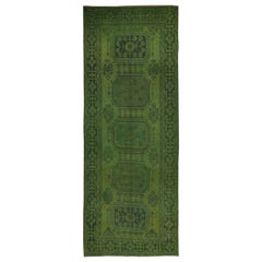4.6x11.6 Ft Modern Green Corridor Carpet, Handmade Runner, Turkish Hallway Rug
