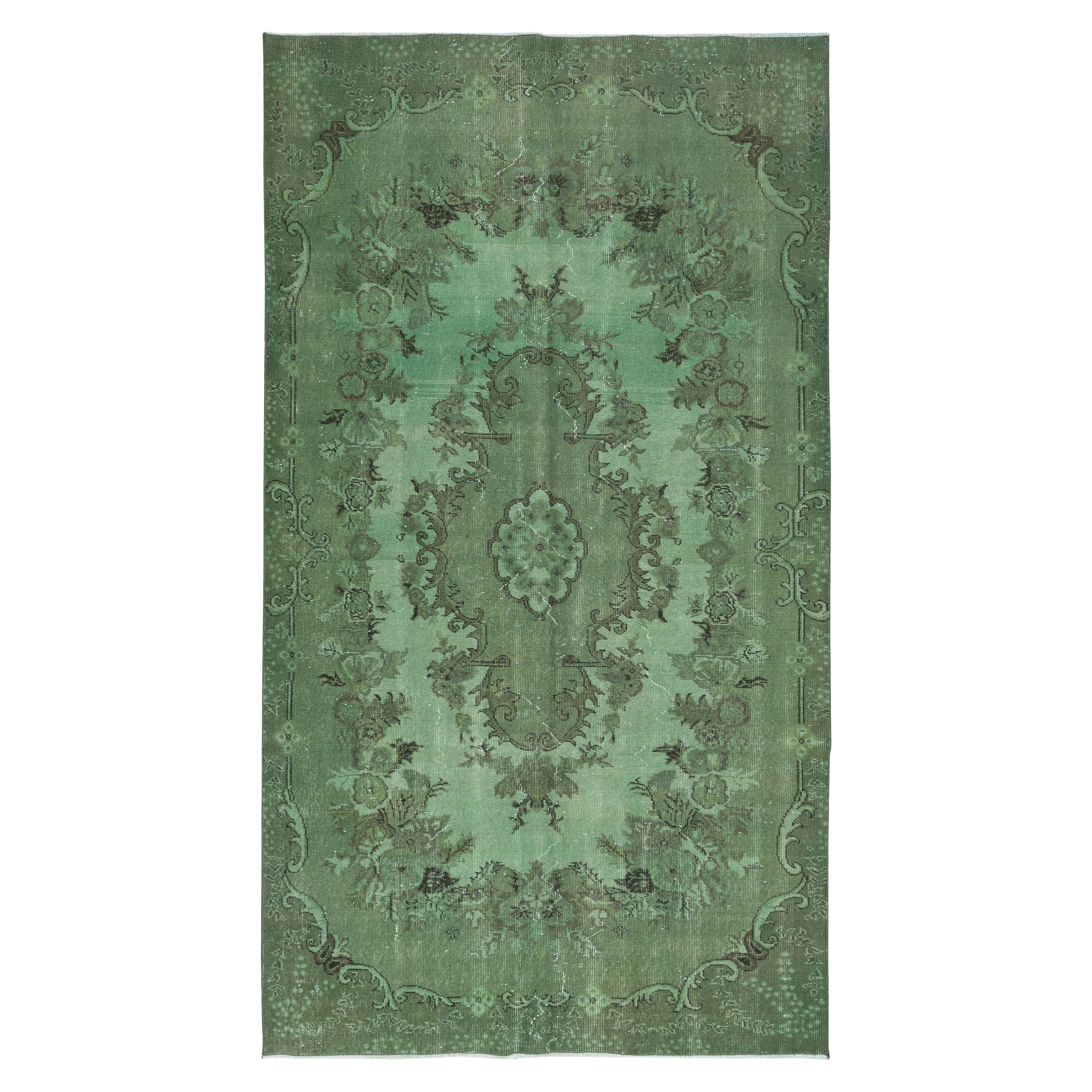5x9 Ft Exquisite Green Turkish Area Rug, Modern Medallion Design Handmade Carpet For Sale