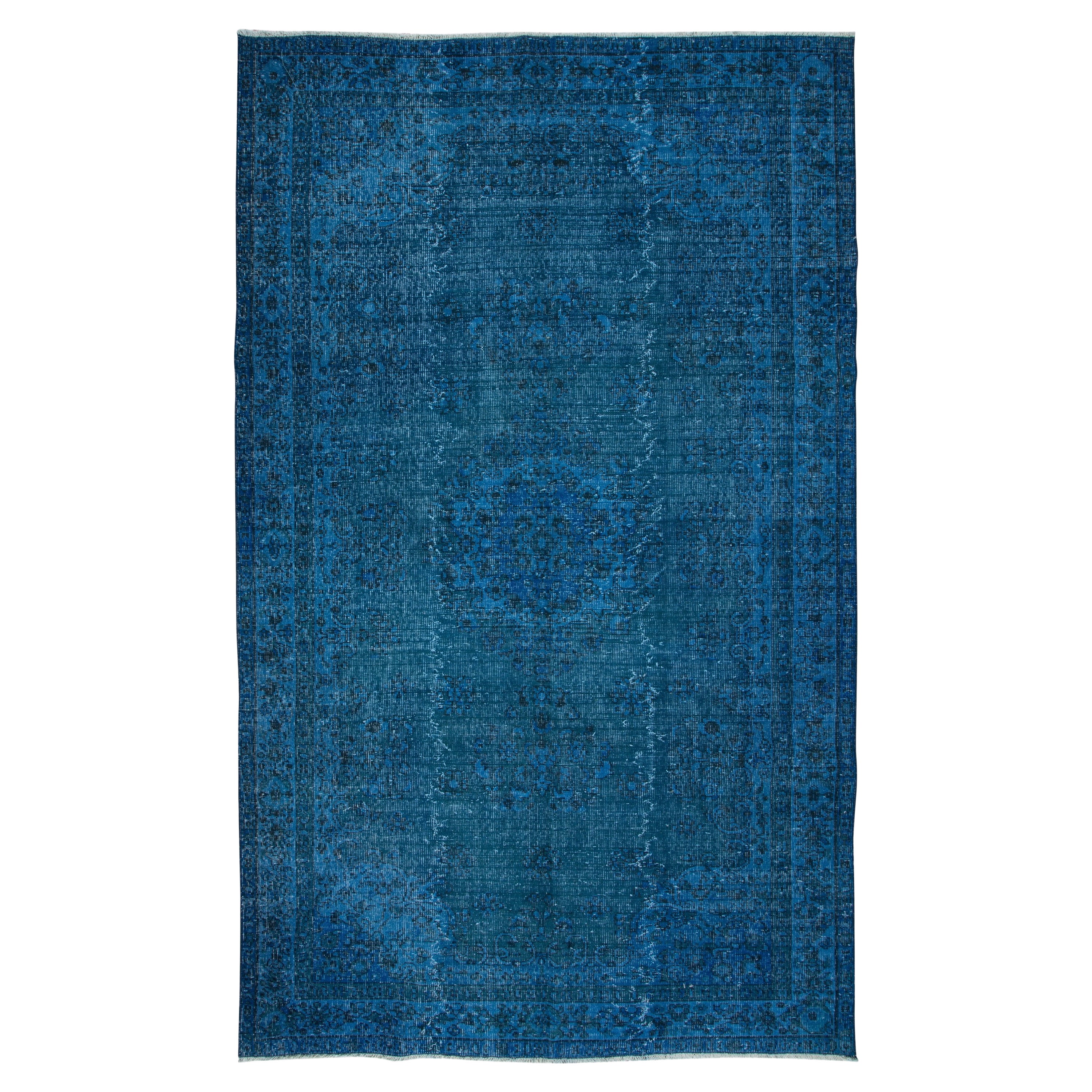 5.6x9 Ft Blue Modern Rug, Room-Size Redyed Carpet, Handmade Living Room Carpet For Sale