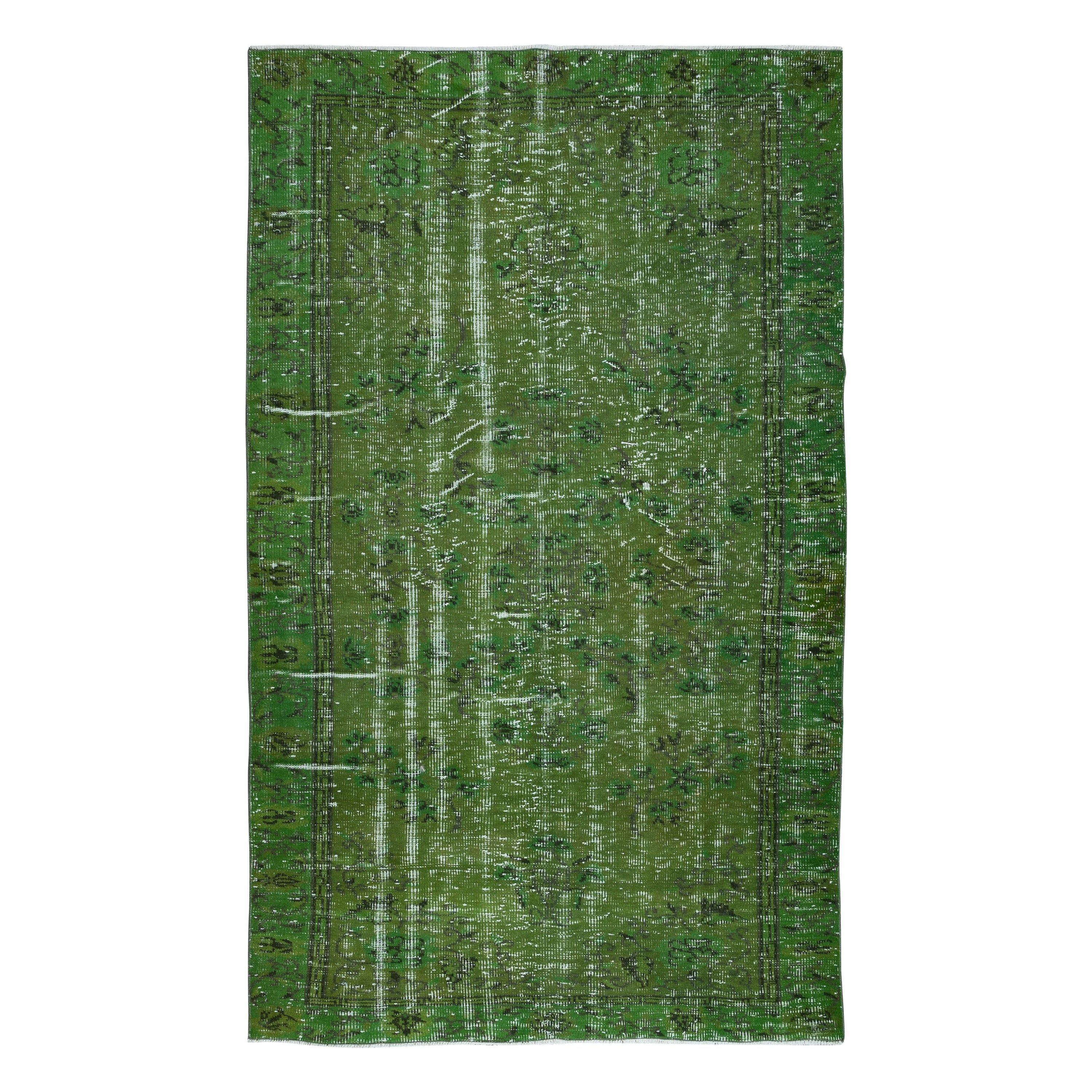 5.4x8.8 Ft Hand-Made Turkish Area Rug in Green, Modern Upcycled Wool Carpet For Sale