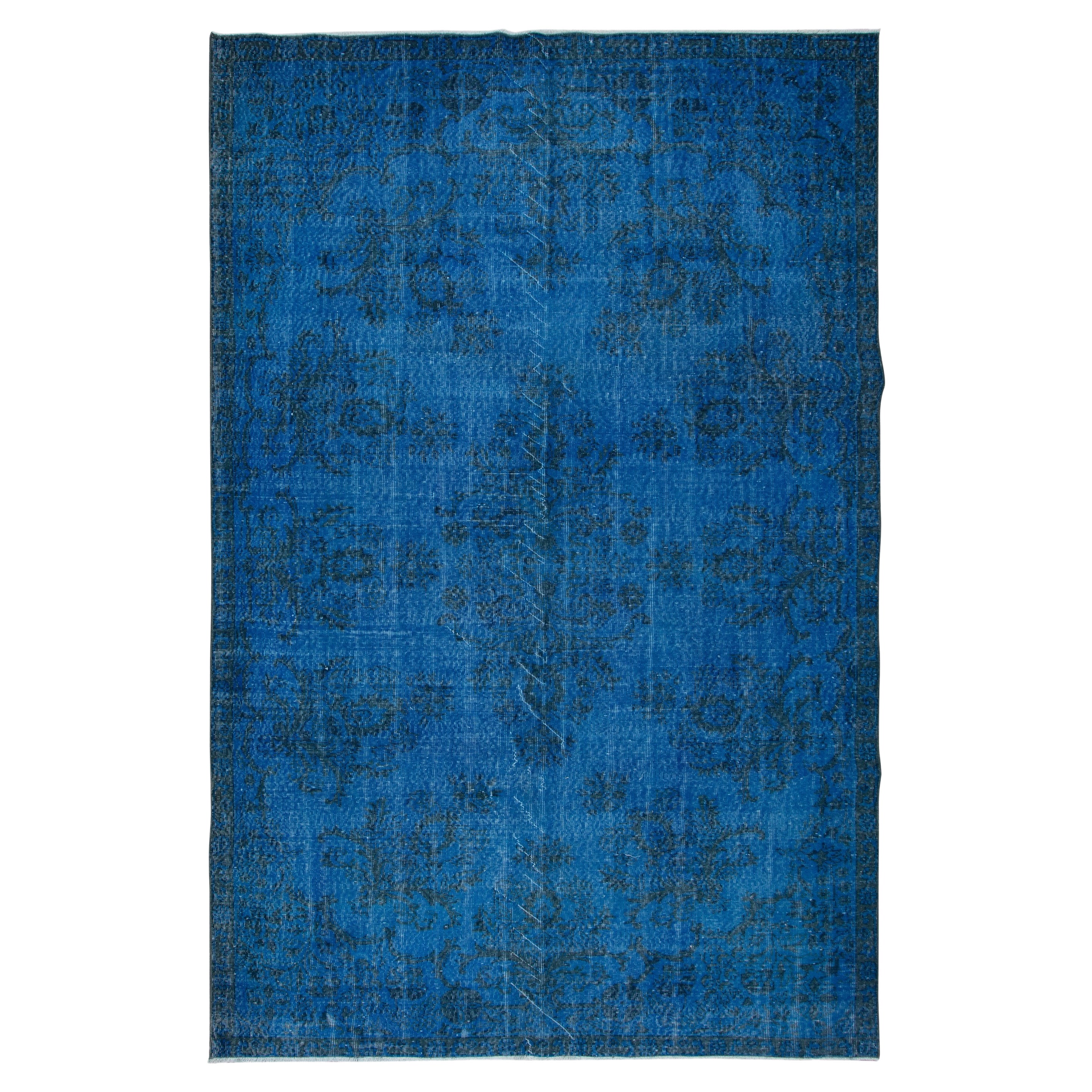 6.7x10.5 Ft Blue Modern Area Rug, Overdyed Carpet, Handmade Living Room Carpet