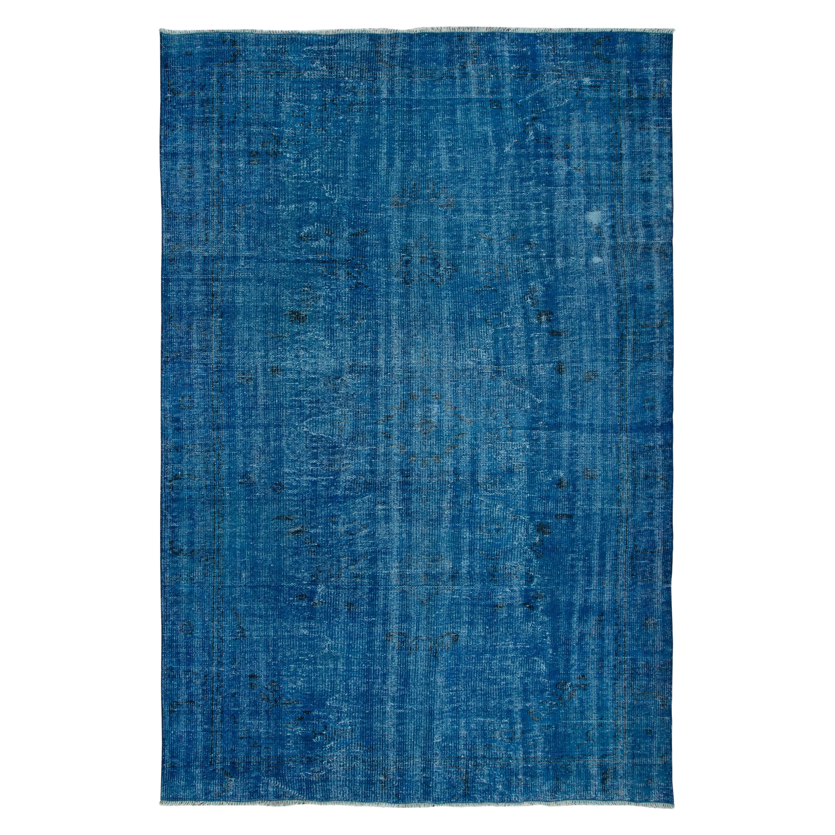 6x8.8 Ft Traditional Handmade Area Rug in Blue, Modern Turkish Redyed Carpet