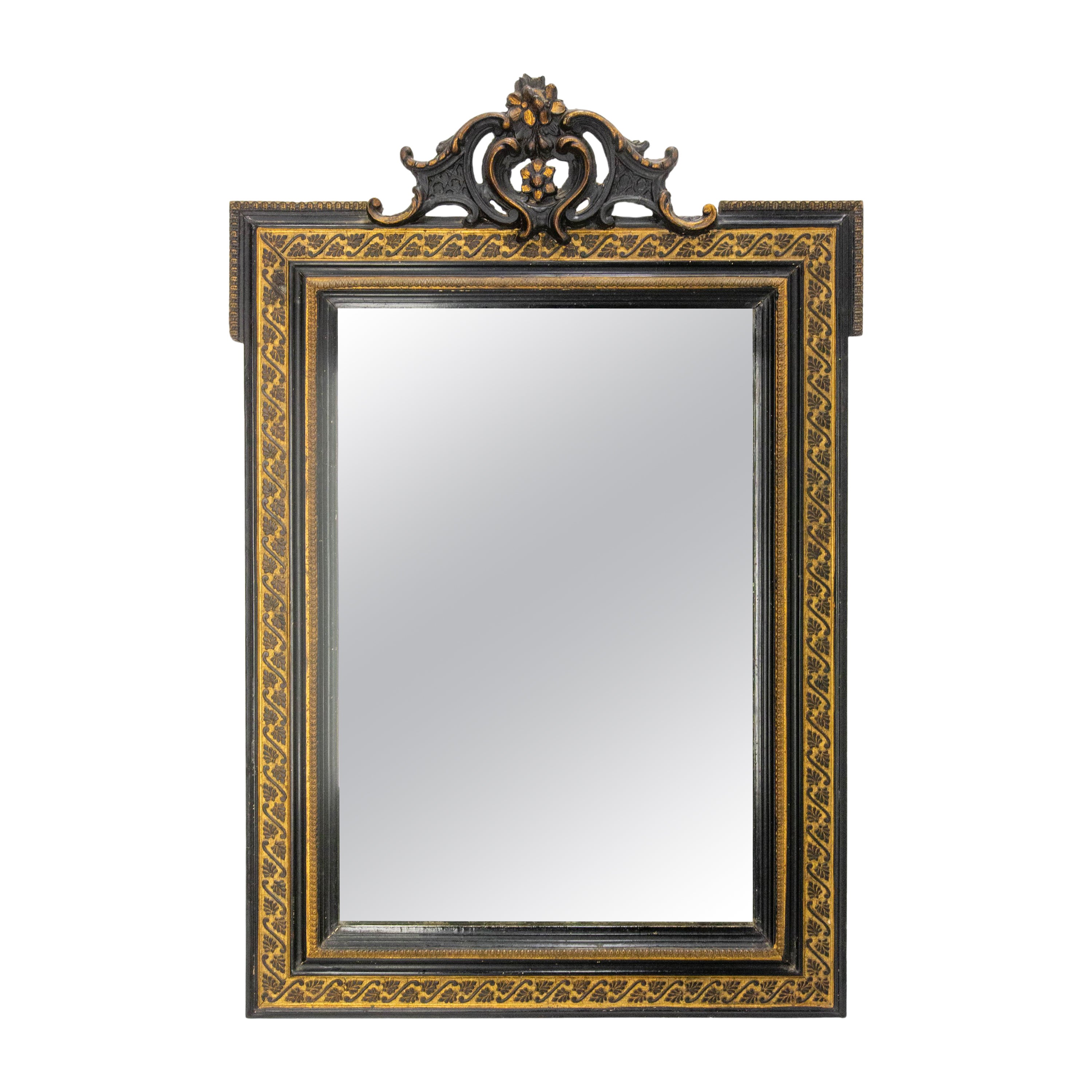 French Wood Napoleon III Wall Mirror Golden & Black, circa 1880