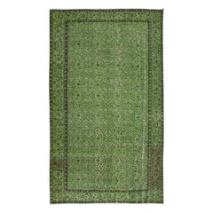 Vintage 5.6x9.6 Ft Handmade Turkish Area Rug in Green, Contemporary Floral Carpet
