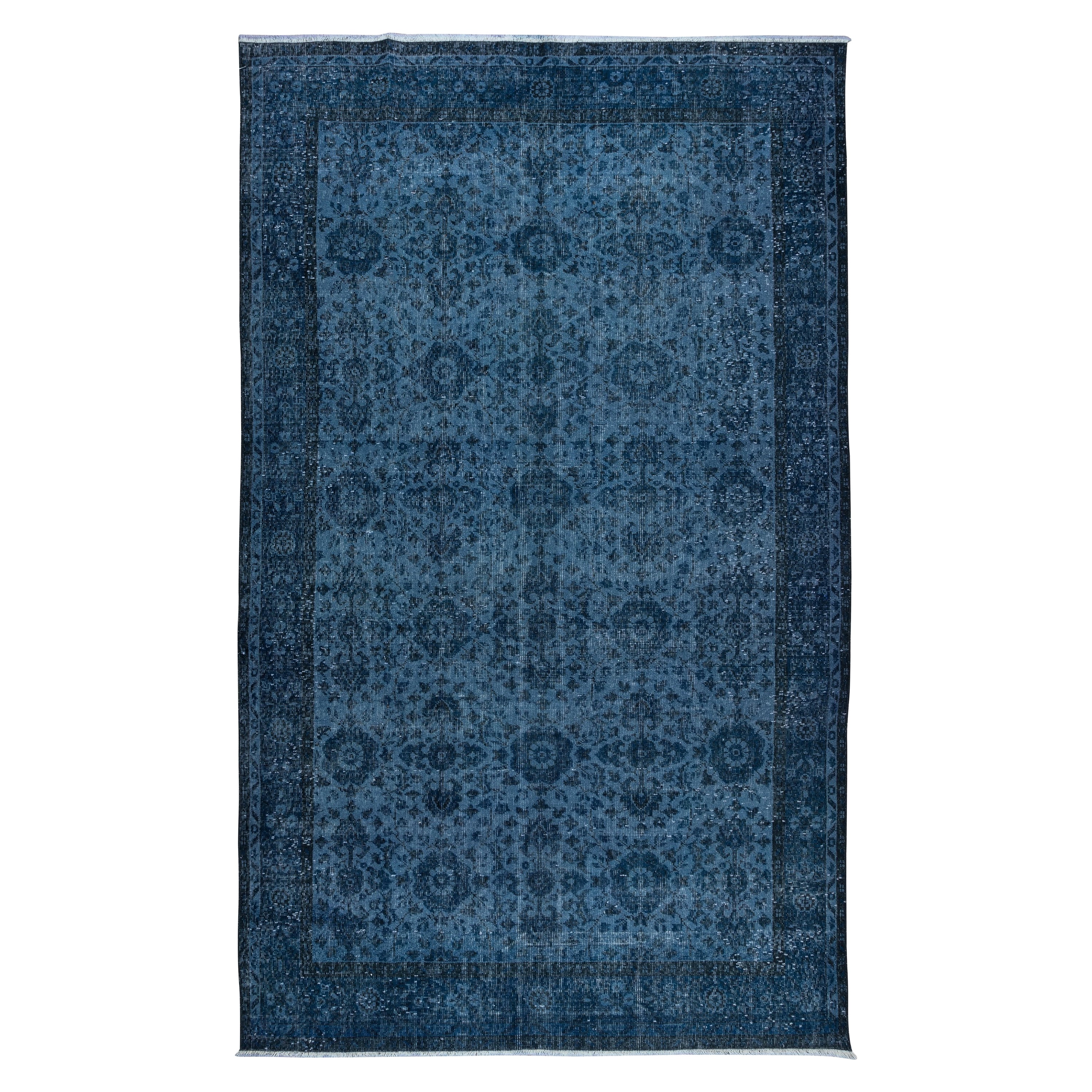 6.4x10.6 Ft Hand Knotted Floral Rug, Blue Modern Turkish Carpet for Living Room For Sale