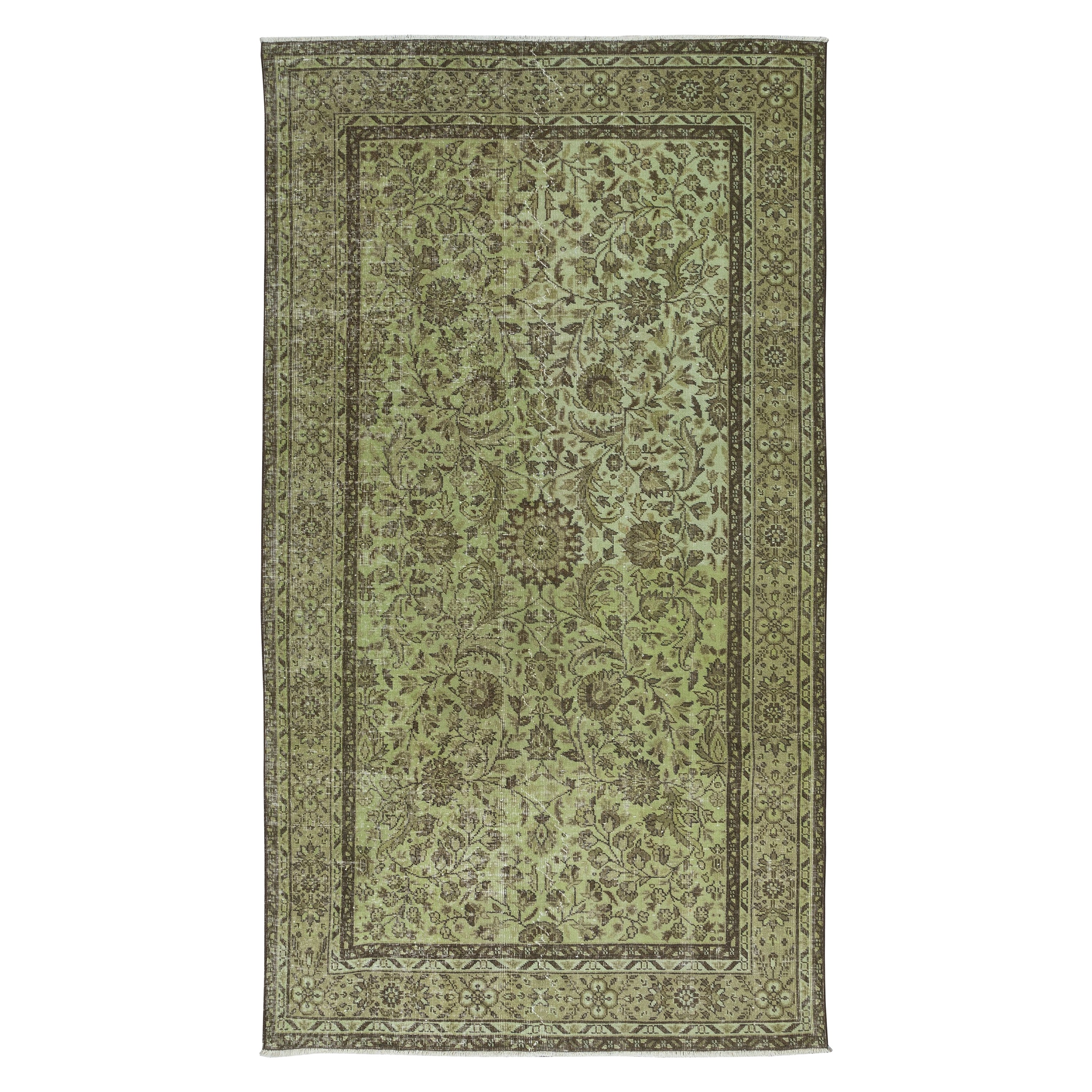 5.7x9.6 Ft Moderner handgefertigter türkischer Teppich mit botanischem Design und grünem Hintergrund im Angebot