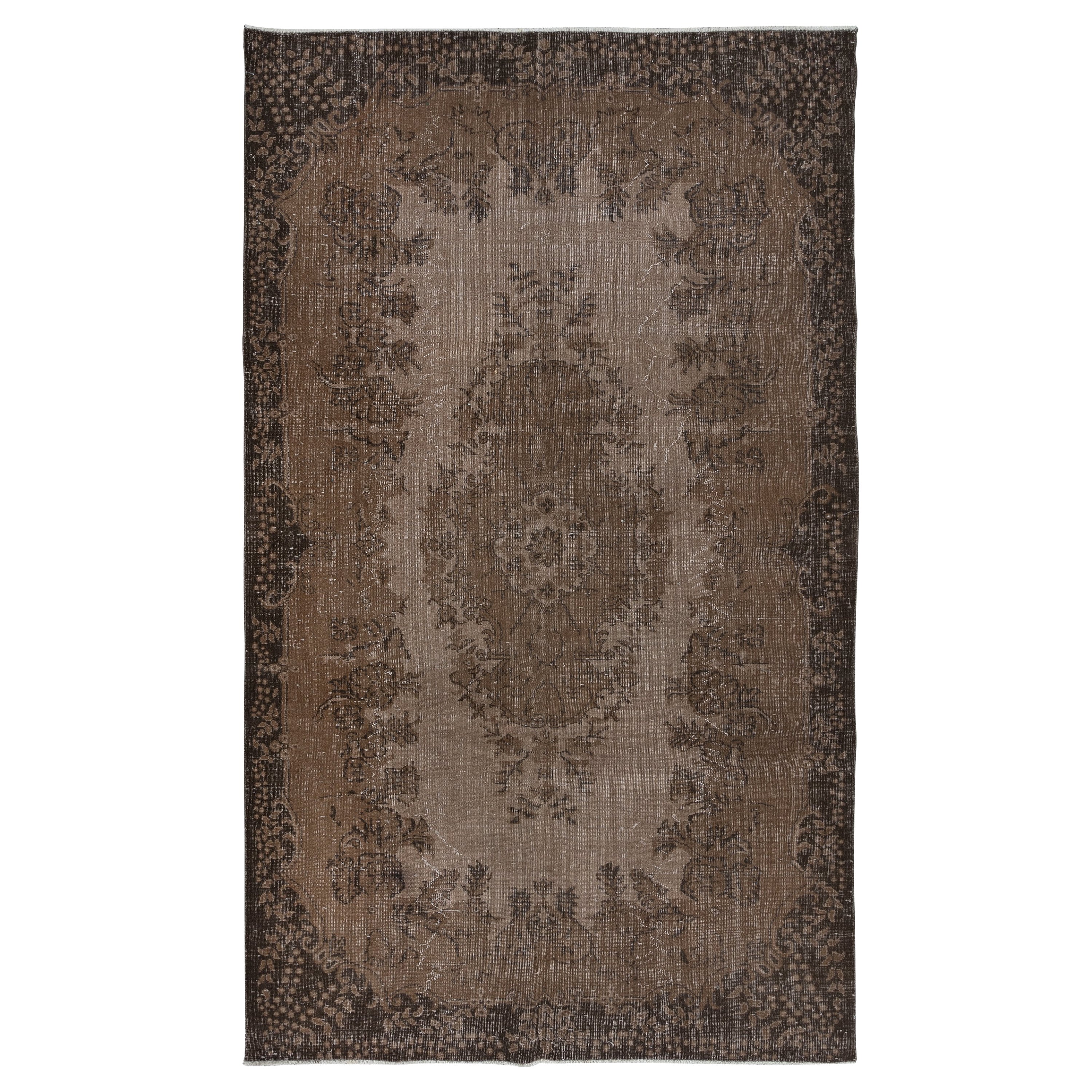 6x9.8 Ft Handmade Turkish Rug, Brown Medallion Design Carpet for Living Room For Sale