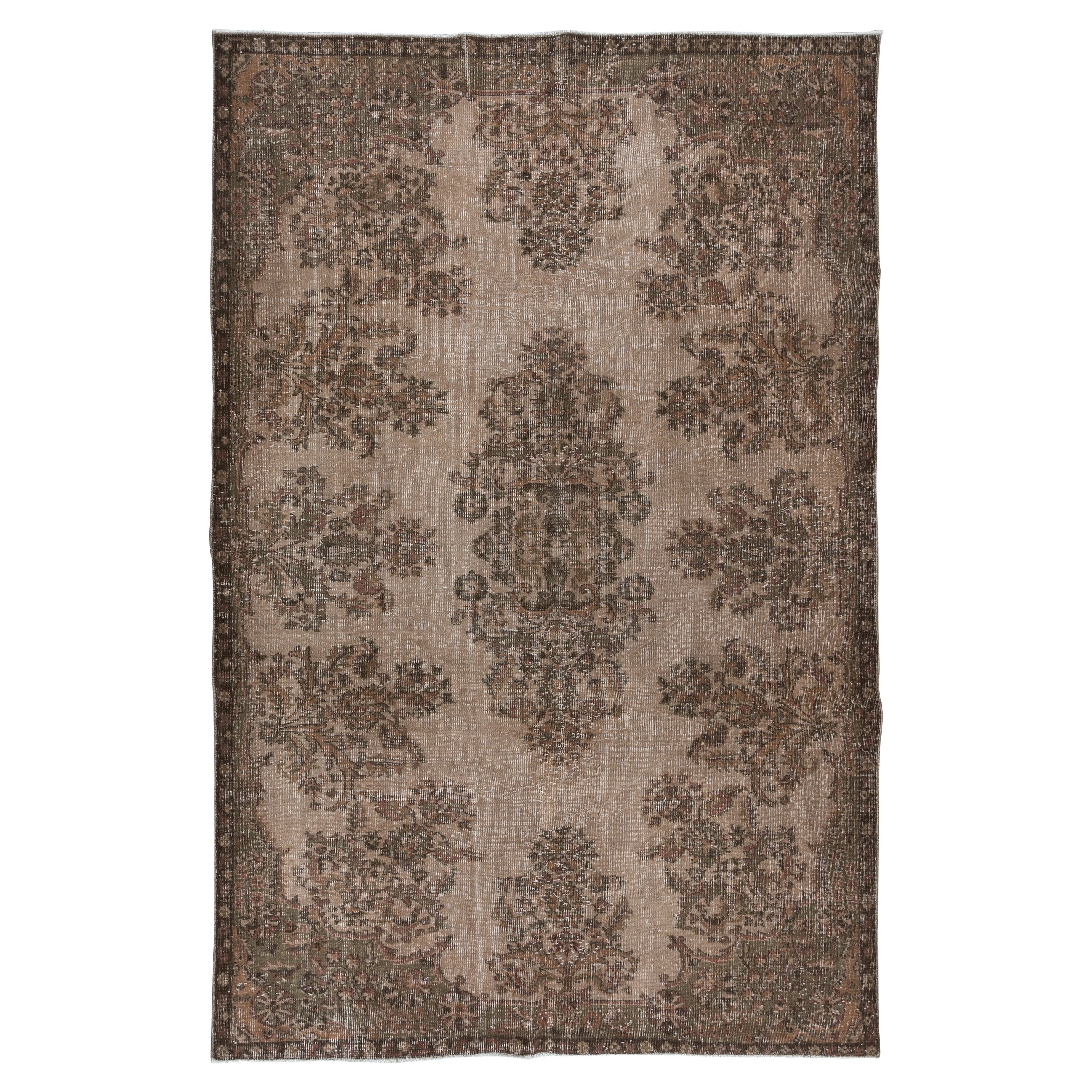 6.3x9.4 Ft Brown Handmade Area Rug with Garden Design, Entryway & Kitchen Carpet For Sale