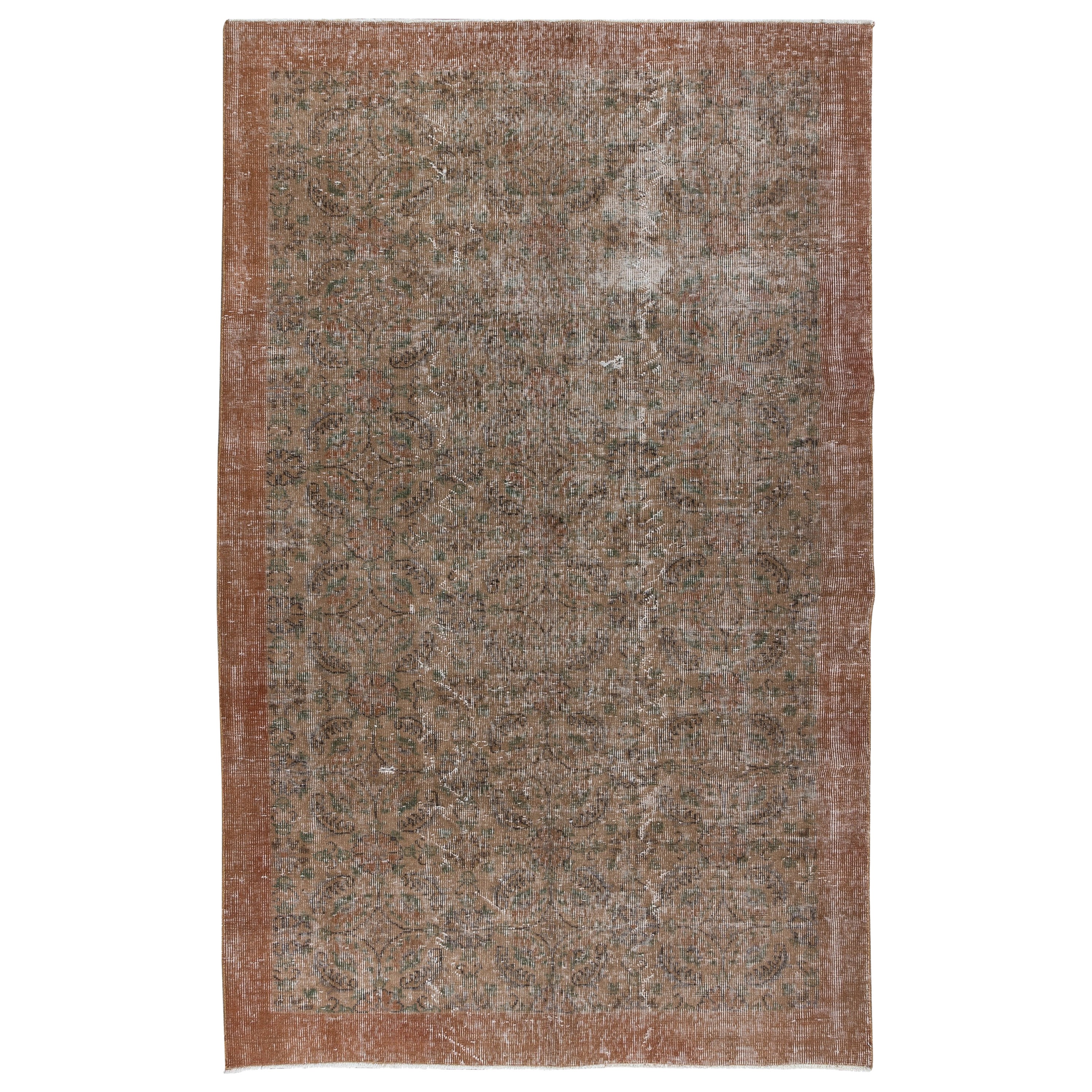 5x8 Ft Handmade Floral Turkish Rug with Solid Caramel Border & Brown Background For Sale