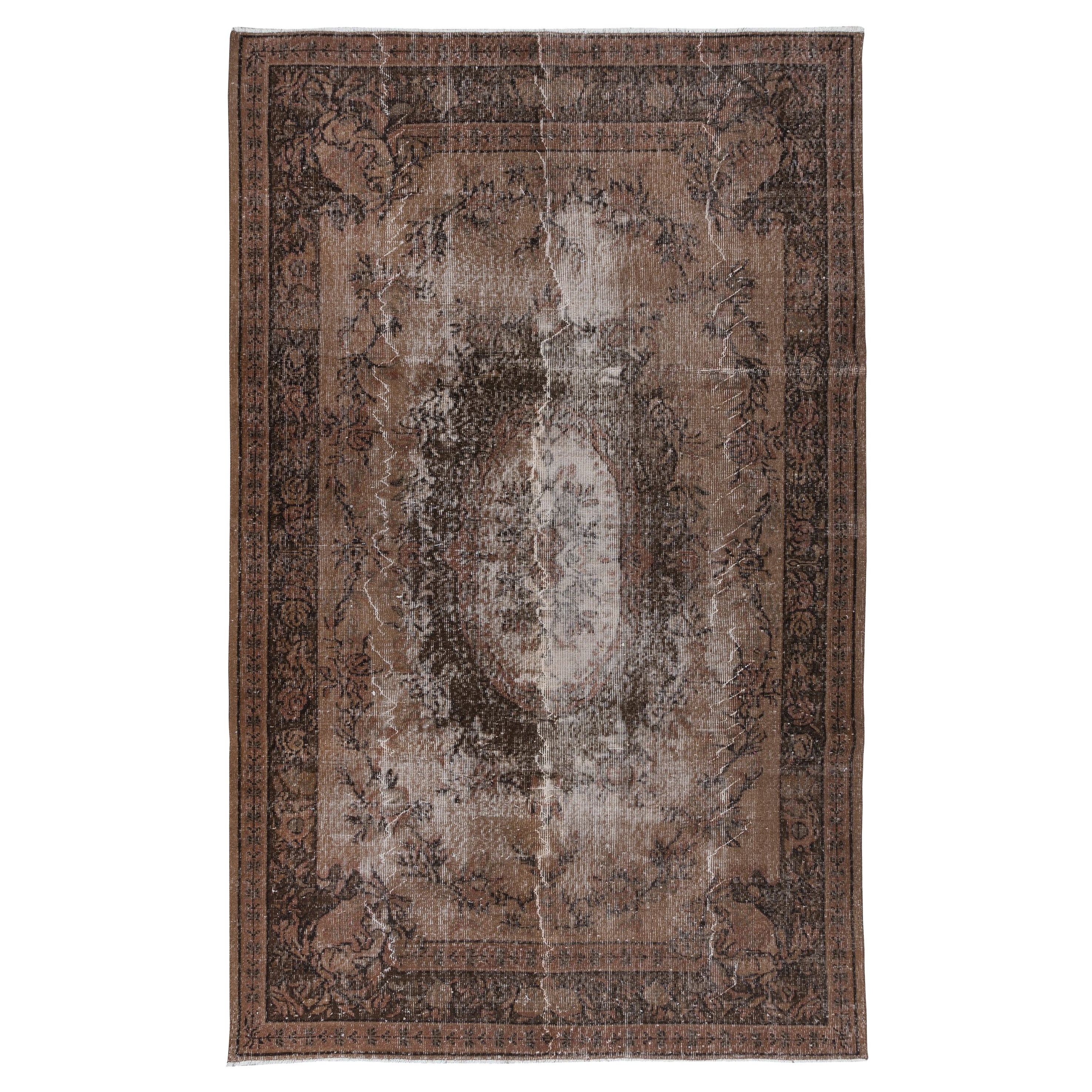 6x9.8 Ft Classic Aubusson Inspired Handmade Turkish Wool Area Rug in Brown For Sale