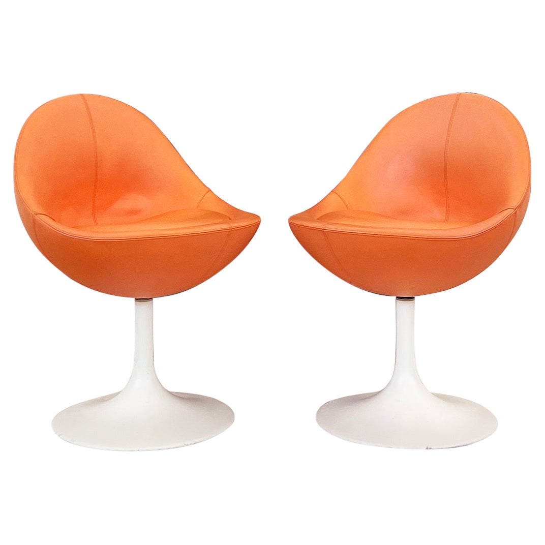 Börje Johanson Orange Leather Venus Chairs on White Tulip Foot, Sweden 60s -Pair For Sale