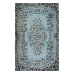 5.8x9 Ft Contemporary Handmade Turkish Area Rug in Baby Blue, Soft Pink & Black