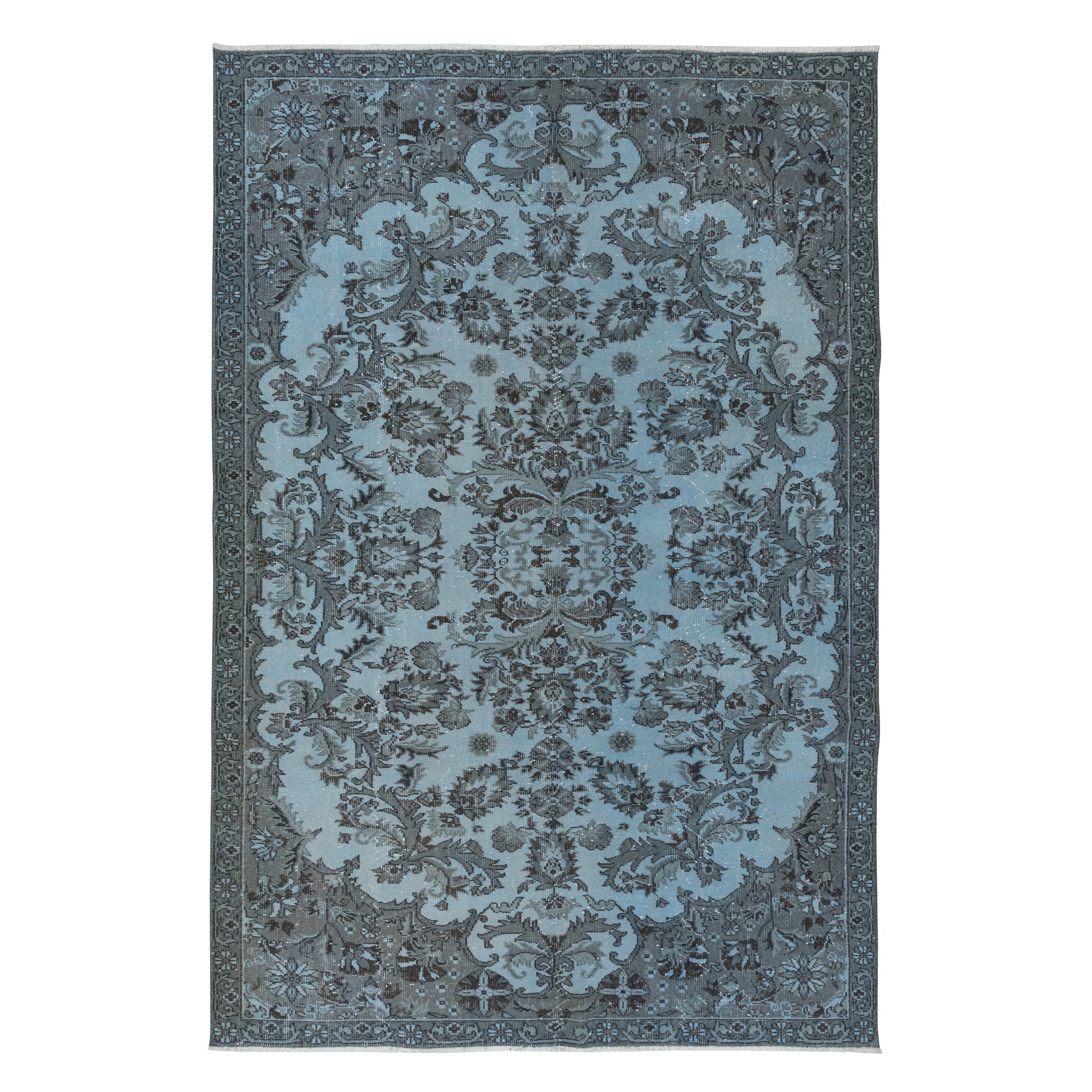 6.5x9.4 Ft Contemporary Handmade Turkish Rug in Light Blue with Garden Design For Sale