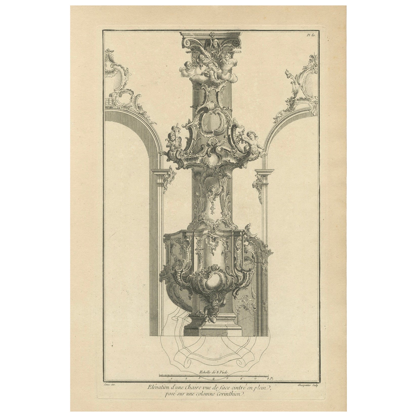 Architectural Print of a Rococo Pulpit Elevation on a Corinthian Column, ca.1740 For Sale
