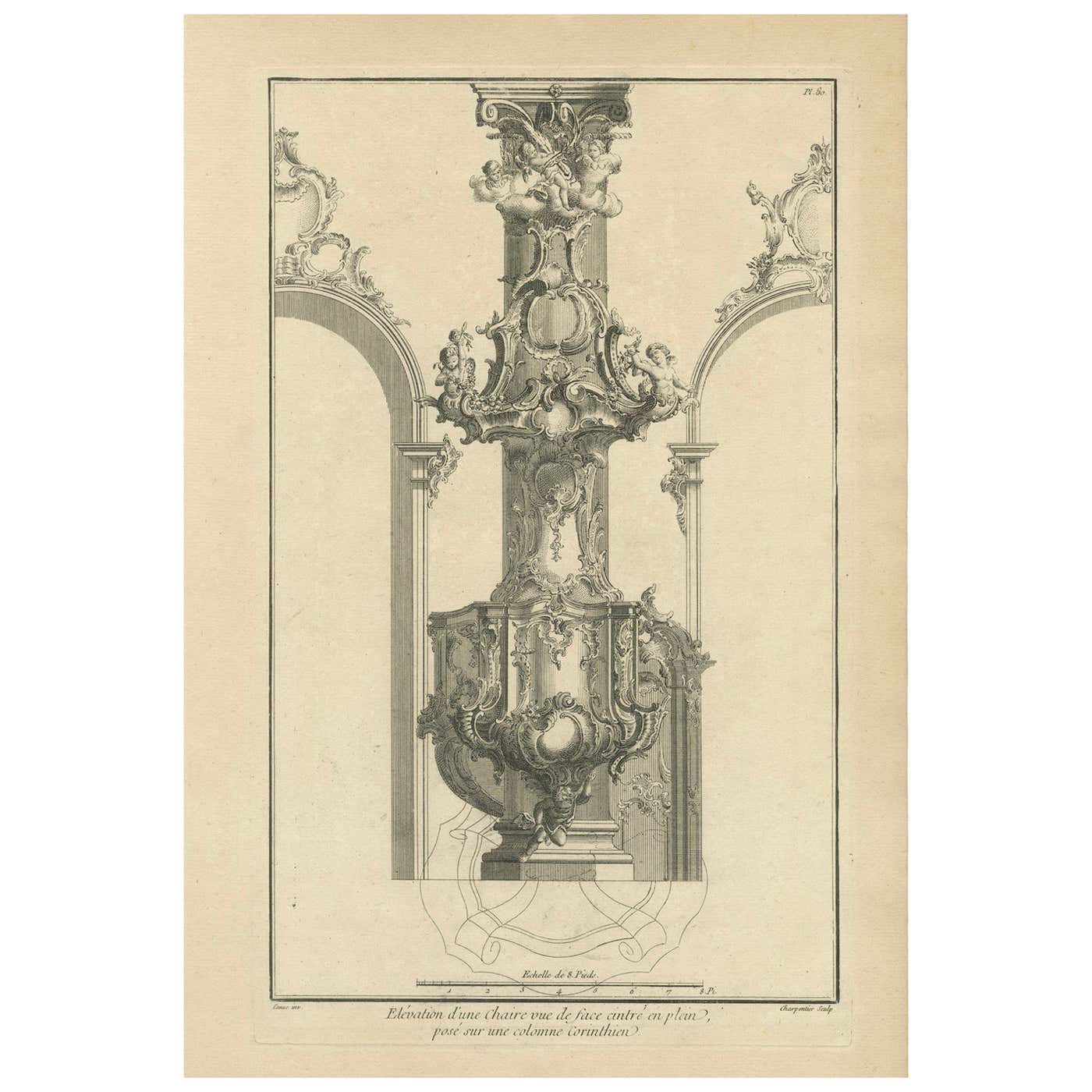 Architectural Print of a Rococo Pulpit Elevation on a Corinthian Column ...