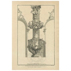 Grabado arquitectónico de un púlpito rococó elevado sobre una columna corintia, ca.1740