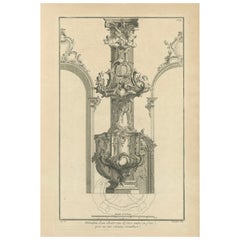 Used Architectural Print of a Rococo Pulpit Elevation on a Corinthian Column, ca.1740