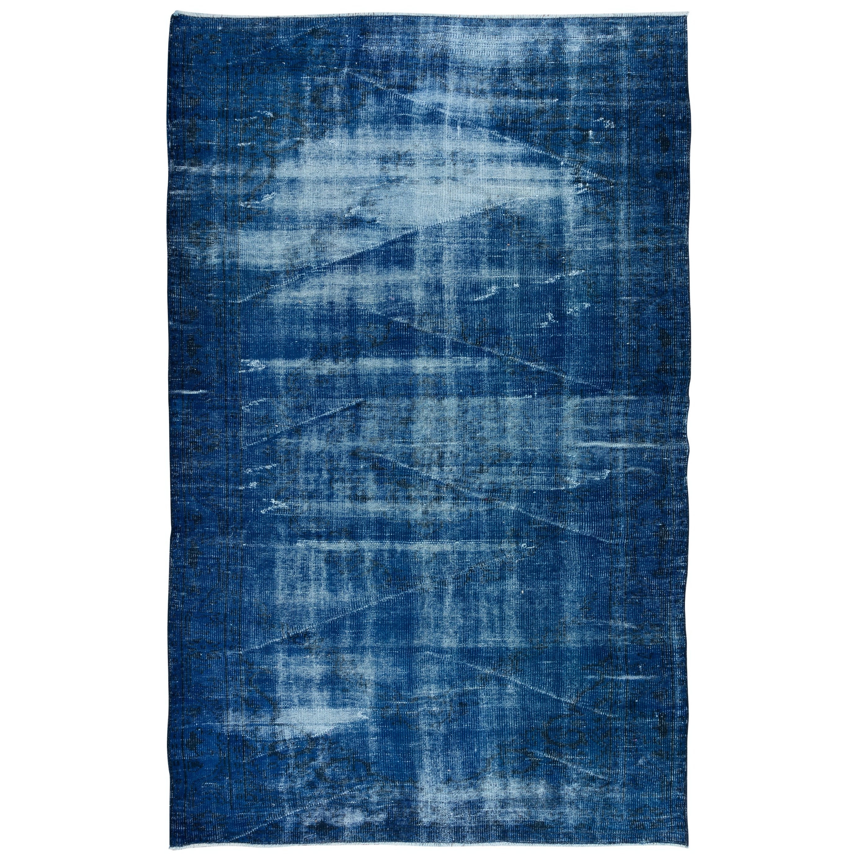 6x9.2 Ft Handknotted with Shabby Chic Blue Area Rug, Distressed Look Wool Carpet For Sale