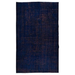 Vintage 5.3x8.3 Ft Handmade Navy Blue Rug, Modern Turkish Carpet in Ultramarine Blue