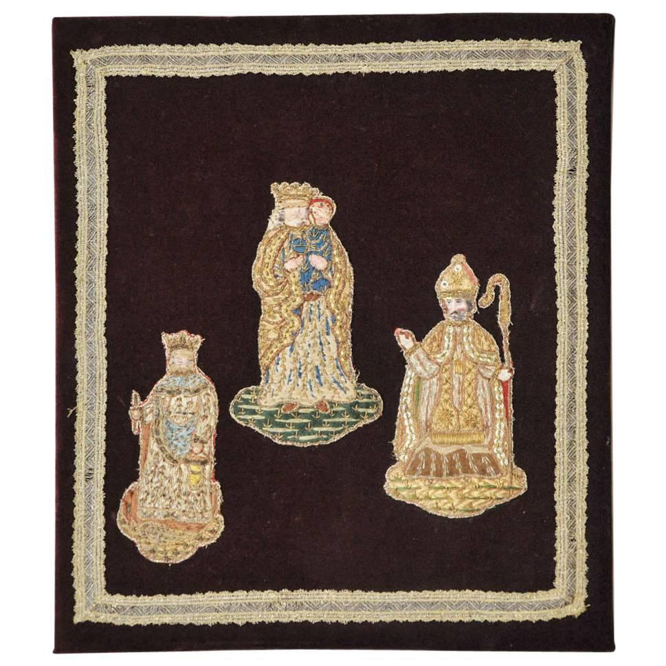 19th Century Silk Velvet Panel with Religious Figures For Sale