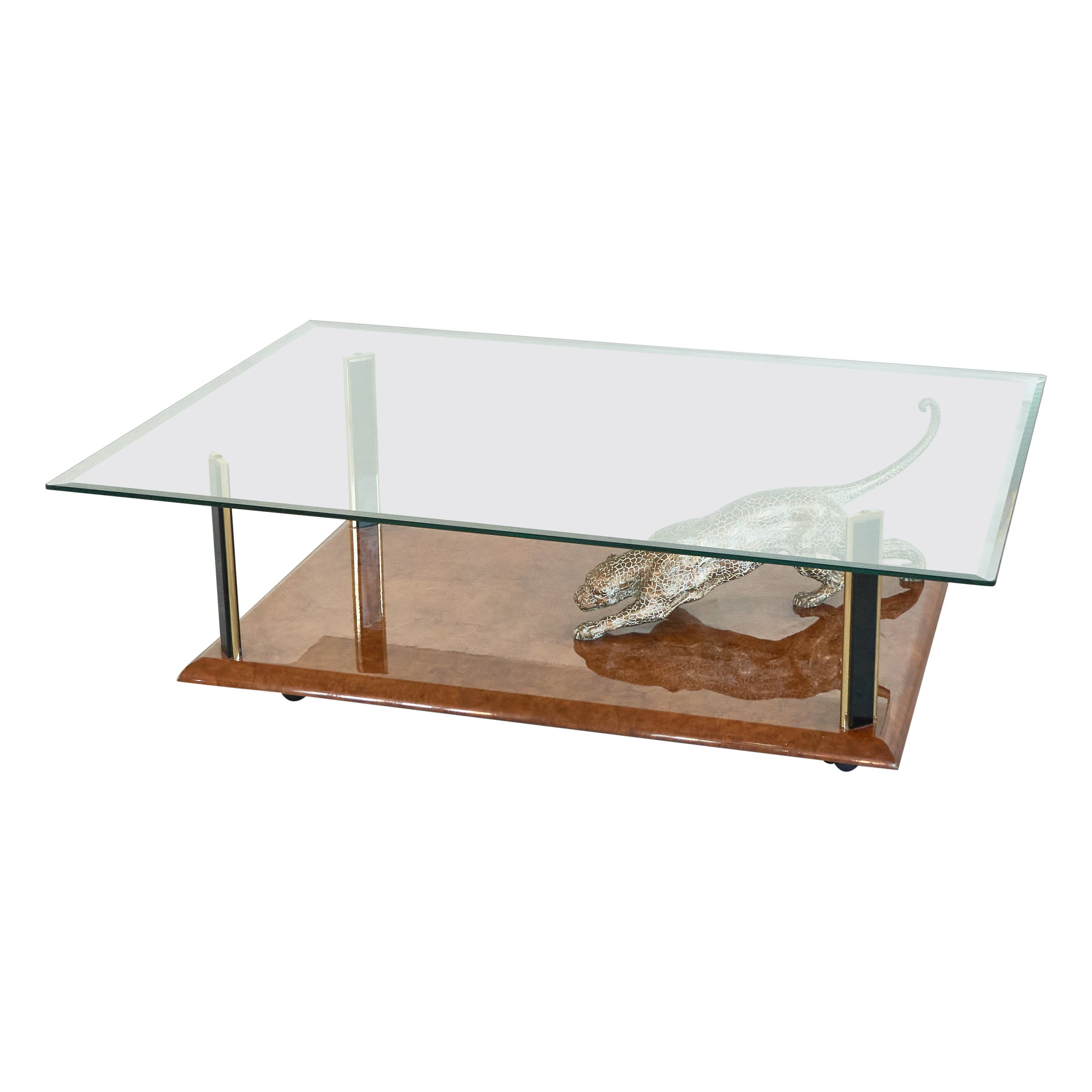 Nicola Voci 'Jaguar' Coffee Table in Bronze, Burl Wood and Beveled Glass 1970s For Sale