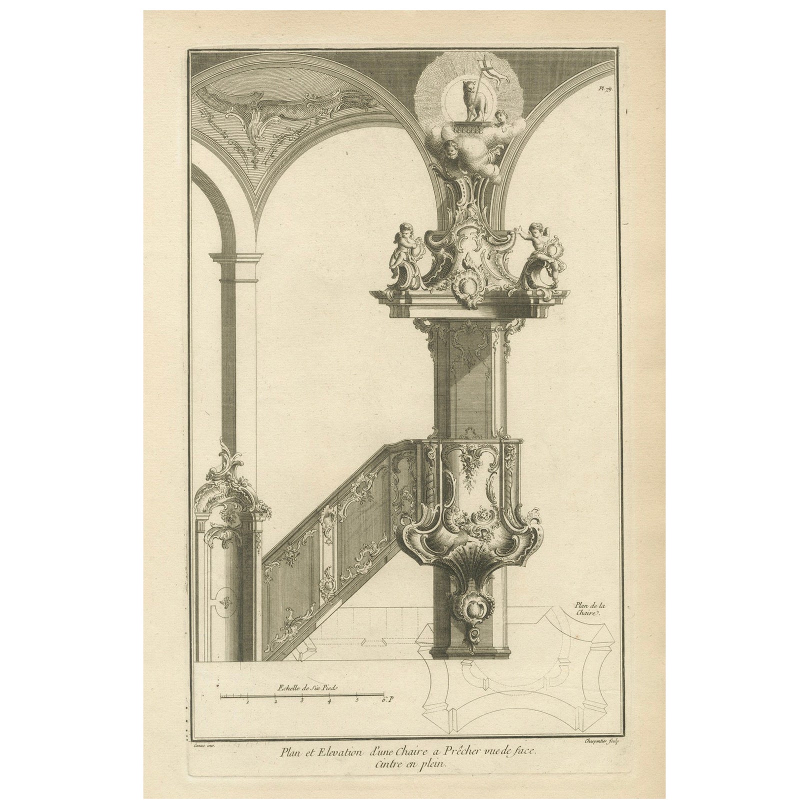 Baroque Pulpit Elevation with Ornate Archway and Balustrade Engraved, ca.1740 For Sale